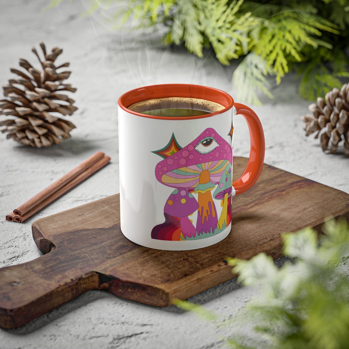 "Groovy Mushrooms" 11 oz White Mug with Colorful Accents