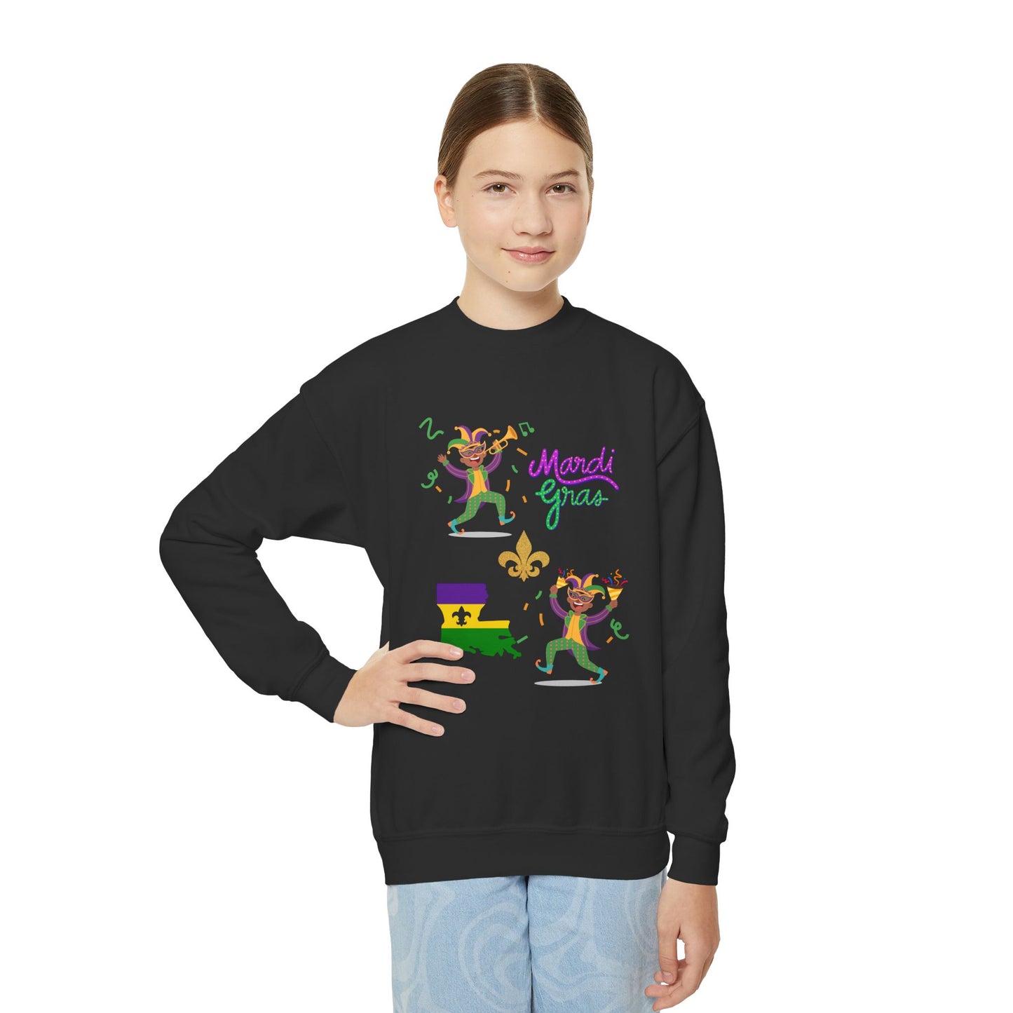 "Mardi Gras Kids" Youth Crewneck Sweatshirt — Colorful Beads, Jester Costumes & The State Of Louisiana all in Classic Mardi Gras Colors - Ready For The Parades!