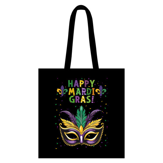 Mardi Gras Tote Bag - "Happy Mardi Gras" Mask Canvas Grocery Tote in Black