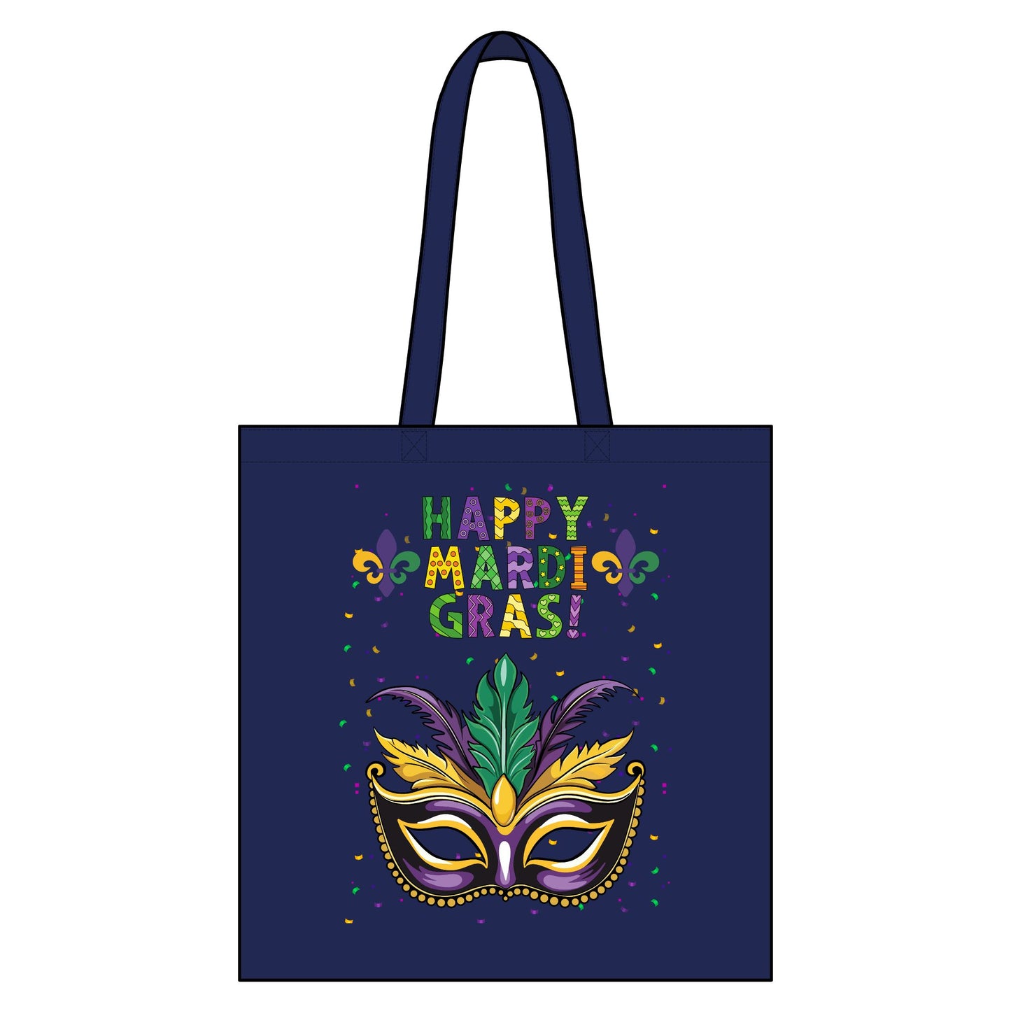 Mardi Gras Tote Bag - "Happy Mardi Gras" Mask Canvas Grocery Tote in Black