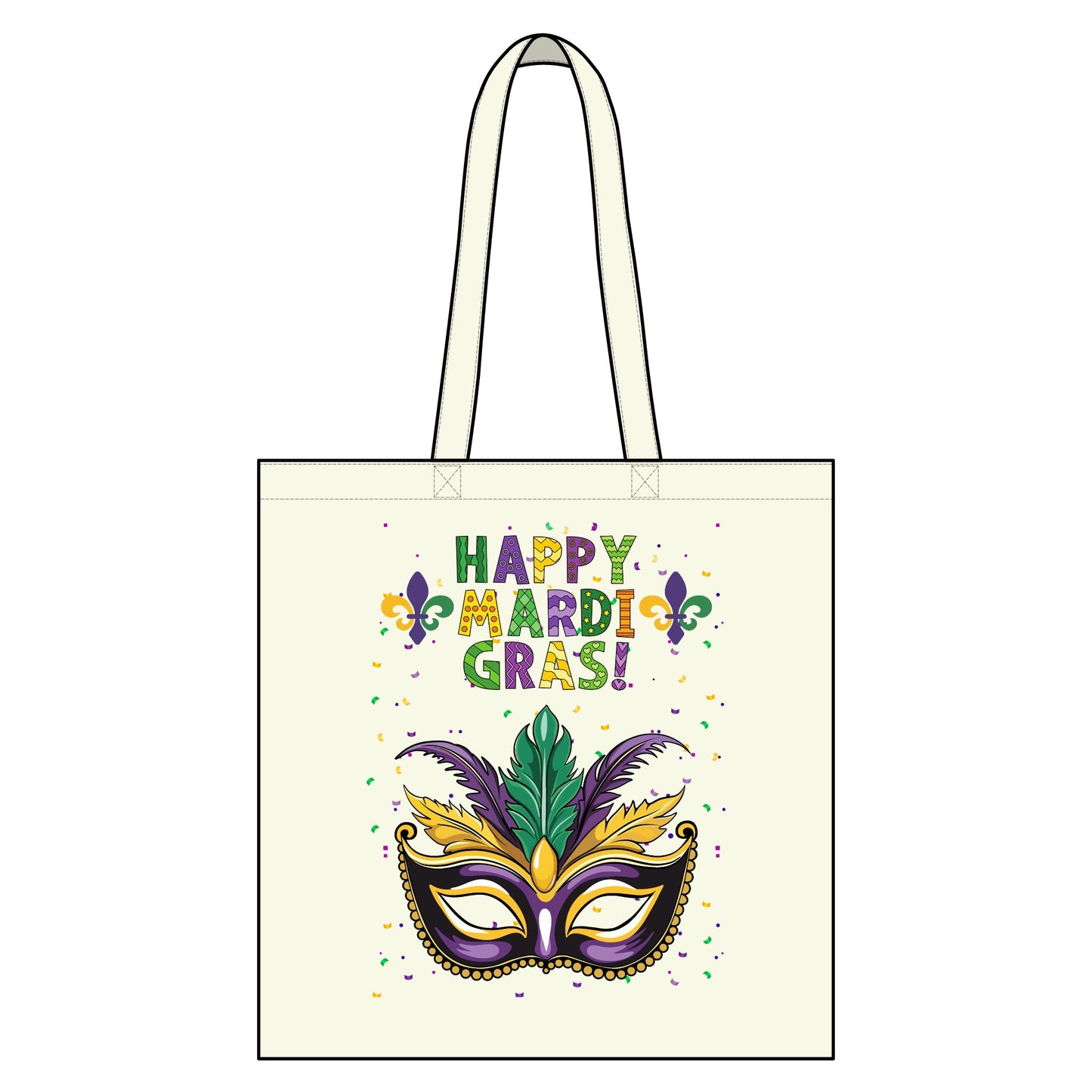 Mardi Gras Tote Bag - "Happy Mardi Gras" Mask Canvas Grocery Tote in Black