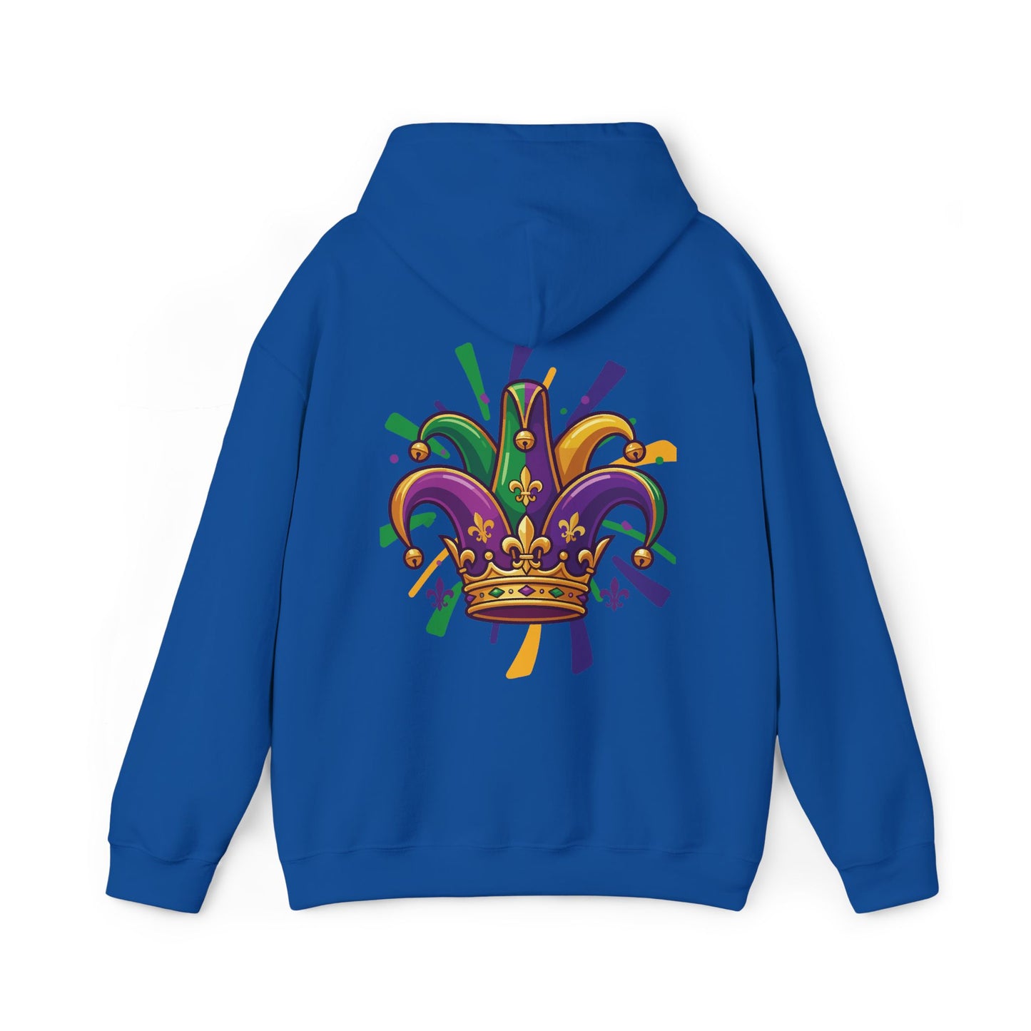 "Mardi Gras Jester Crown" Unisex Pullover Hoodie.  Festive Colorful Front Chest & Bold Back Designs Make This THE Hoodie Of Carnival Season!