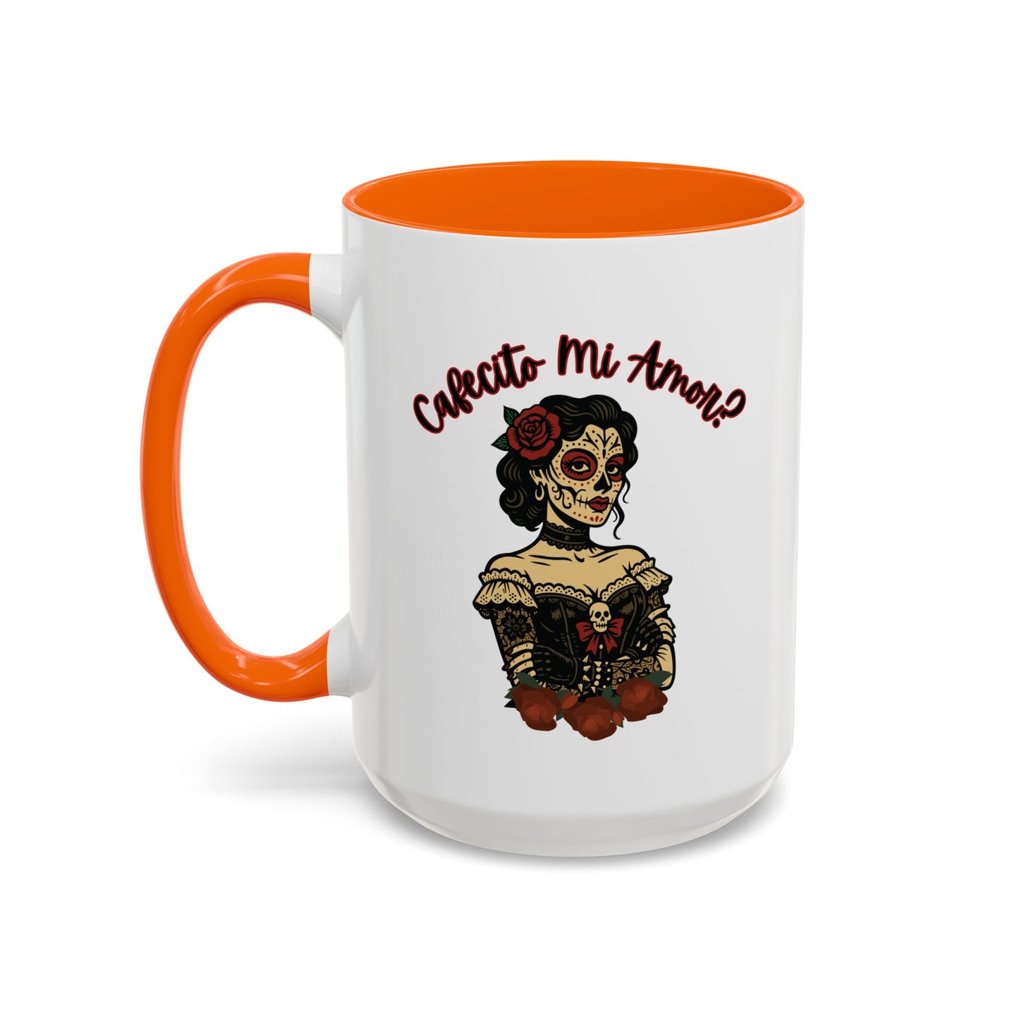 "Cafecito Mi Amor?" Sugar Skull Style , Colorful Accent, 11oz and 15oz Coffee Mug.  A great Day of the Dead  or Halloween Gift!