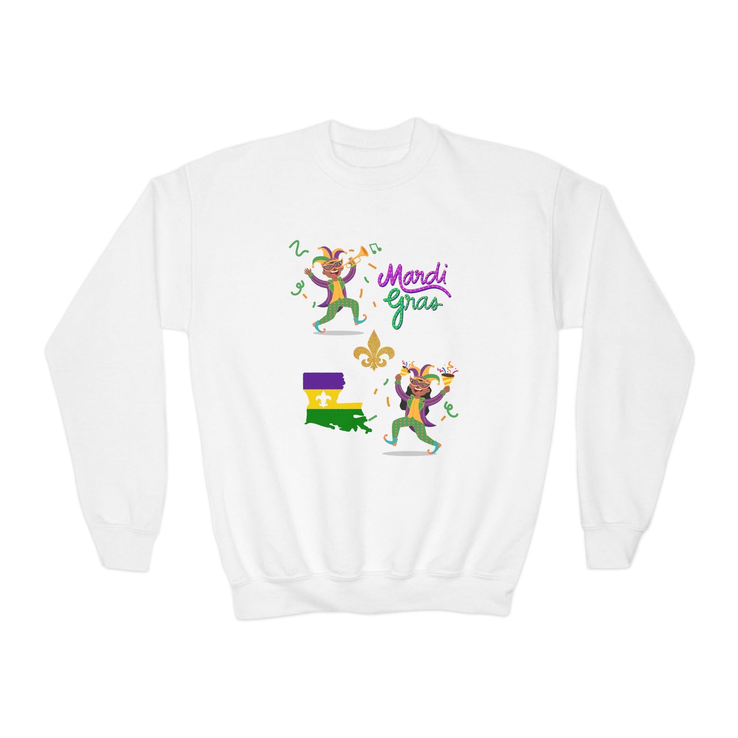 "Mardi Gras Kids" Youth Crewneck Sweatshirt — Colorful Beads, Jester Costumes & The State Of Louisiana all in Classic Mardi Gras Colors - Ready For The Parades!