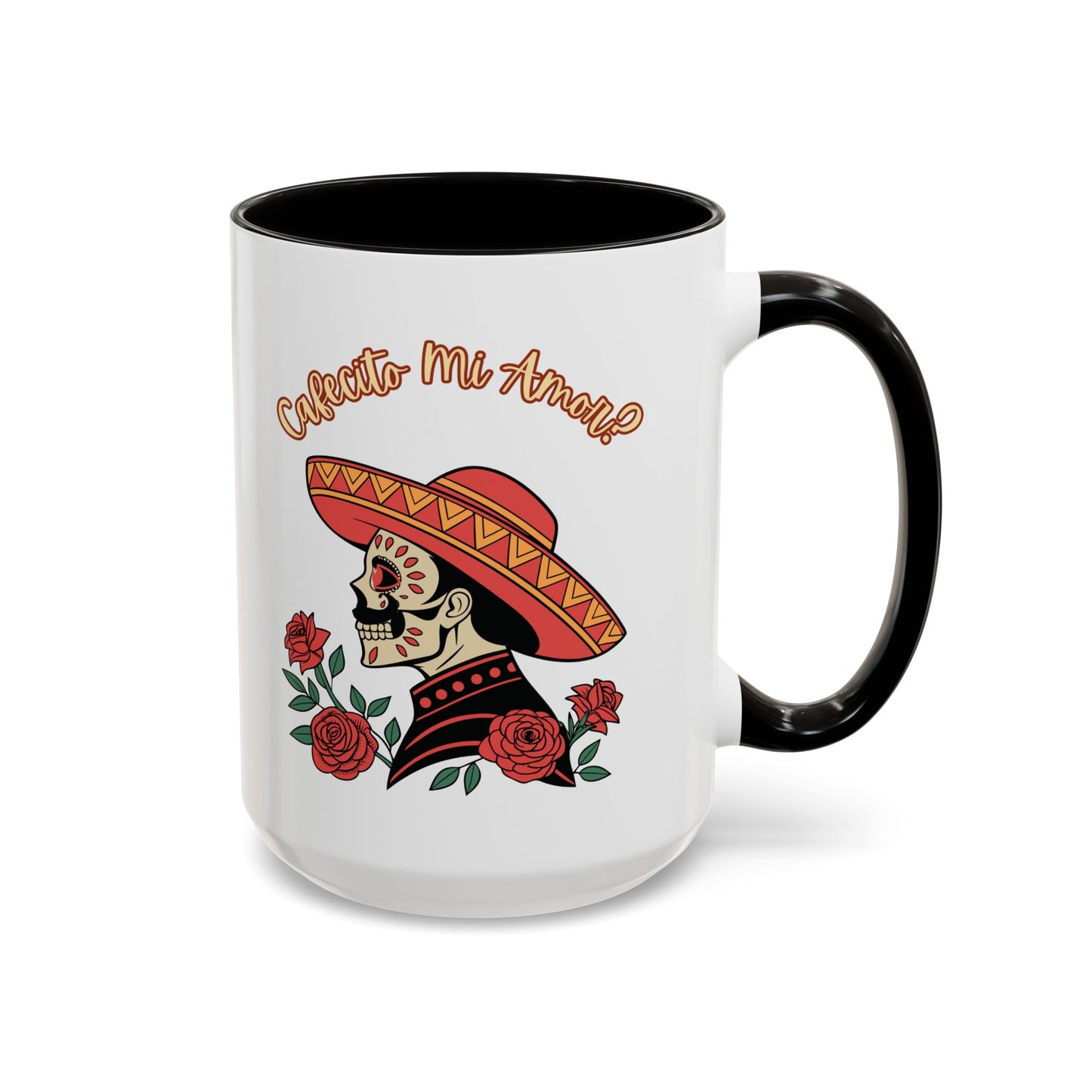 "Cafecito Mi Amor?" -El Hombre, Sugar Skull Style, White Ceramic Mugs with Colorful Accents (11oz/15oz)