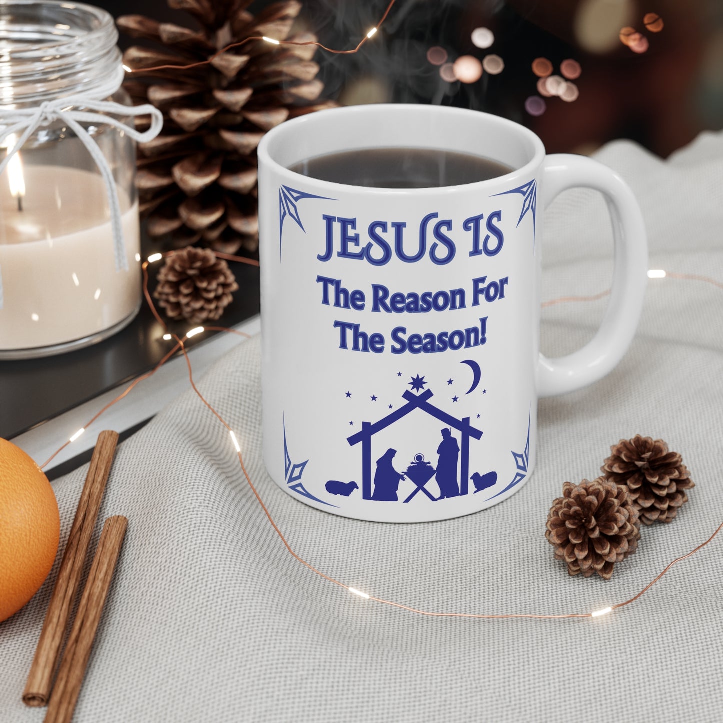 Christmas Nativity Mug – "Jesus Is the Reason for the Season!" 11oz White Ceramic Mug-Blue Design