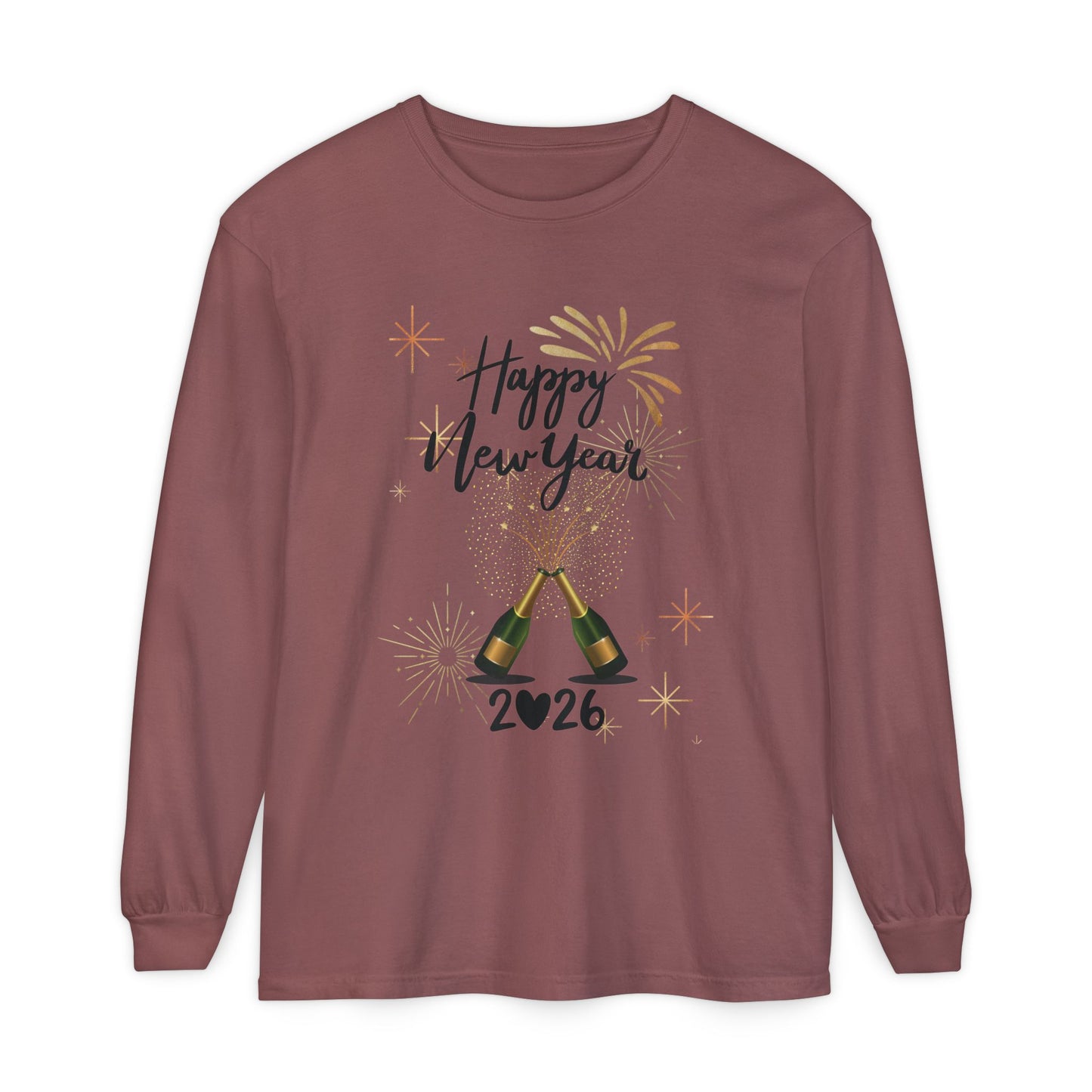 "Happy New Year 2026-Champagne Toast", Unisex Long Sleeve T‑Shirt.  A "Grown Up" Classy Yet Fun, Long Sleeve Tee.  Dress It Up or Dress It Down For Celebrating The New Year!