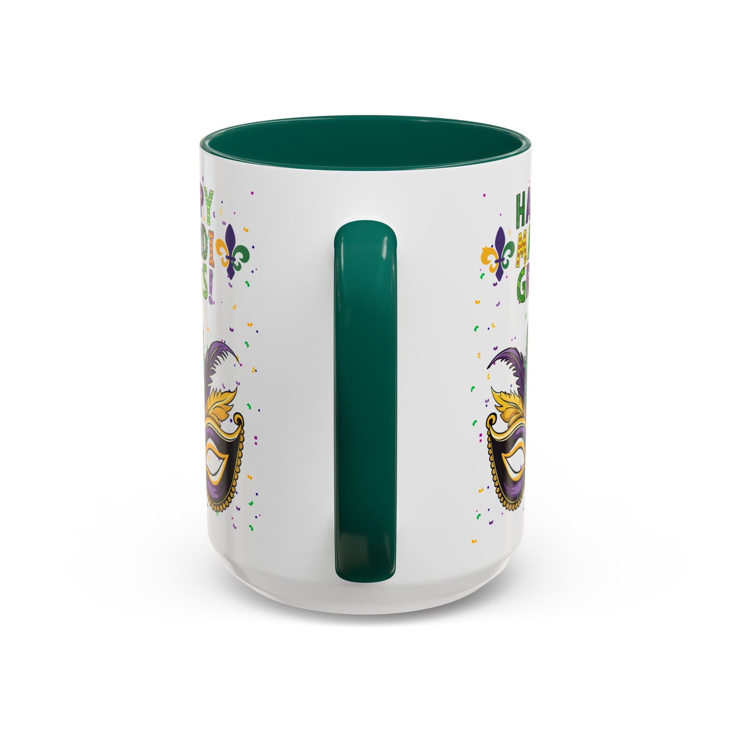 "Happy Mardi Gras" Mugs — Colorful 11oz/15oz Carnival Mask-Fleur De Lis Design White Ceramic Mugs