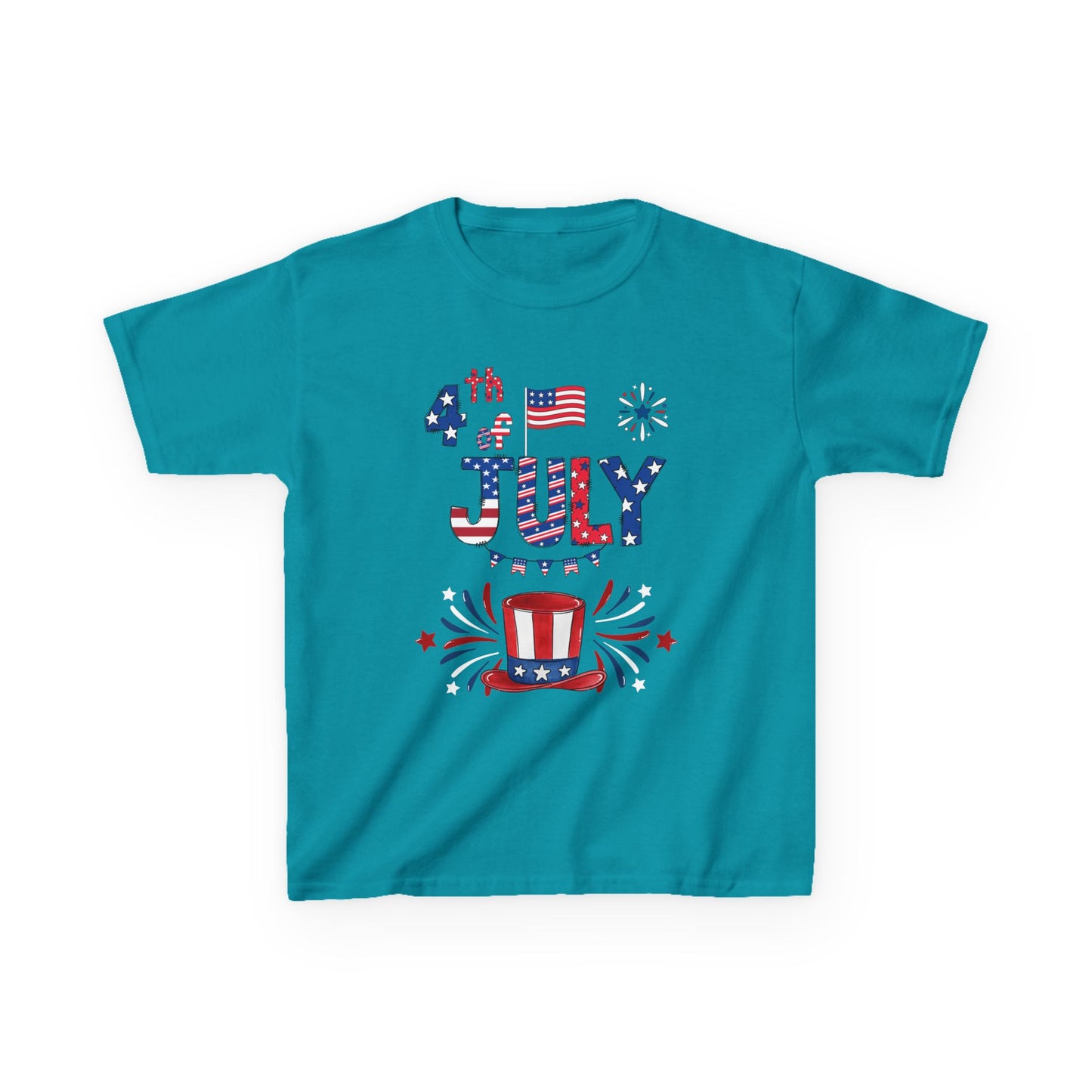 Kids "4th of July" Patriotic Boxy Tee — Celebrate This Special Day With Fireworks & A Vibrant Uncle Sam Hat!