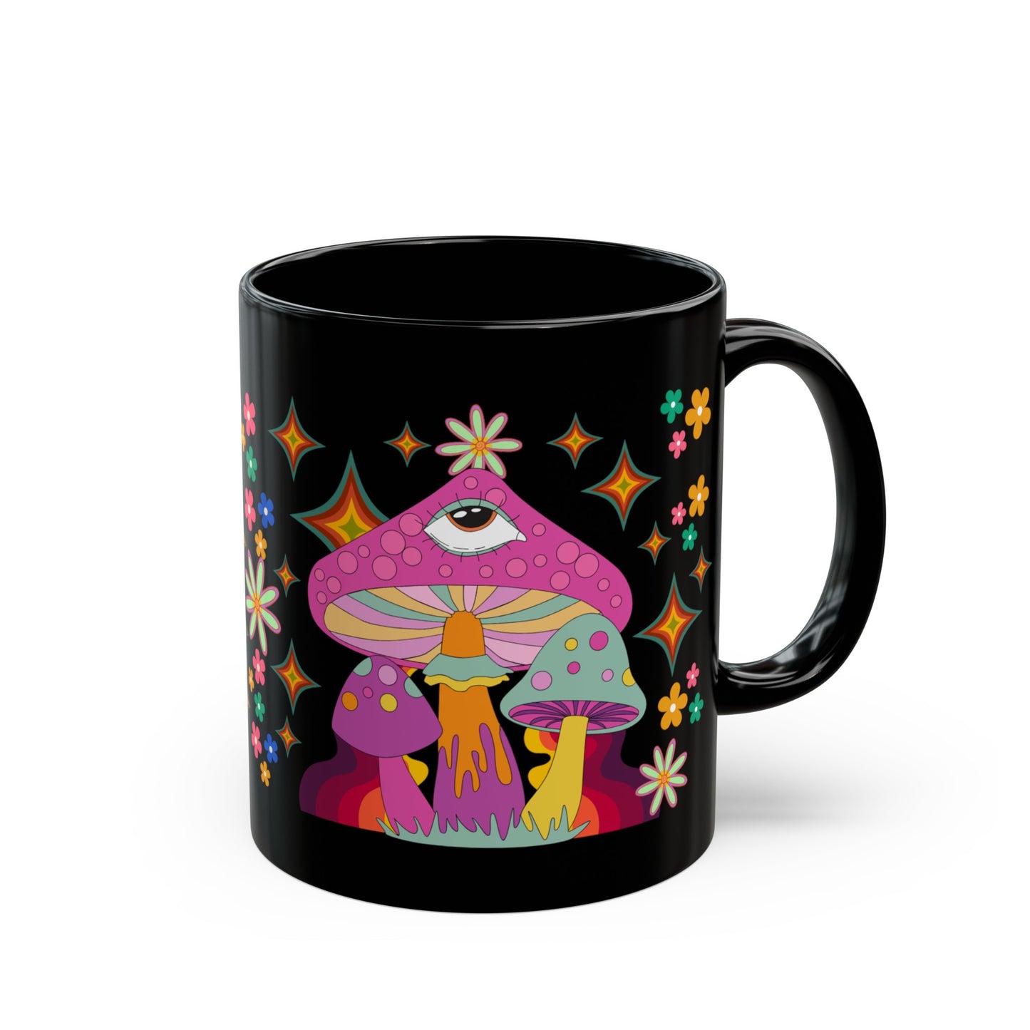 "Extra Groovy Mushrooms", Black Mug 11 oz