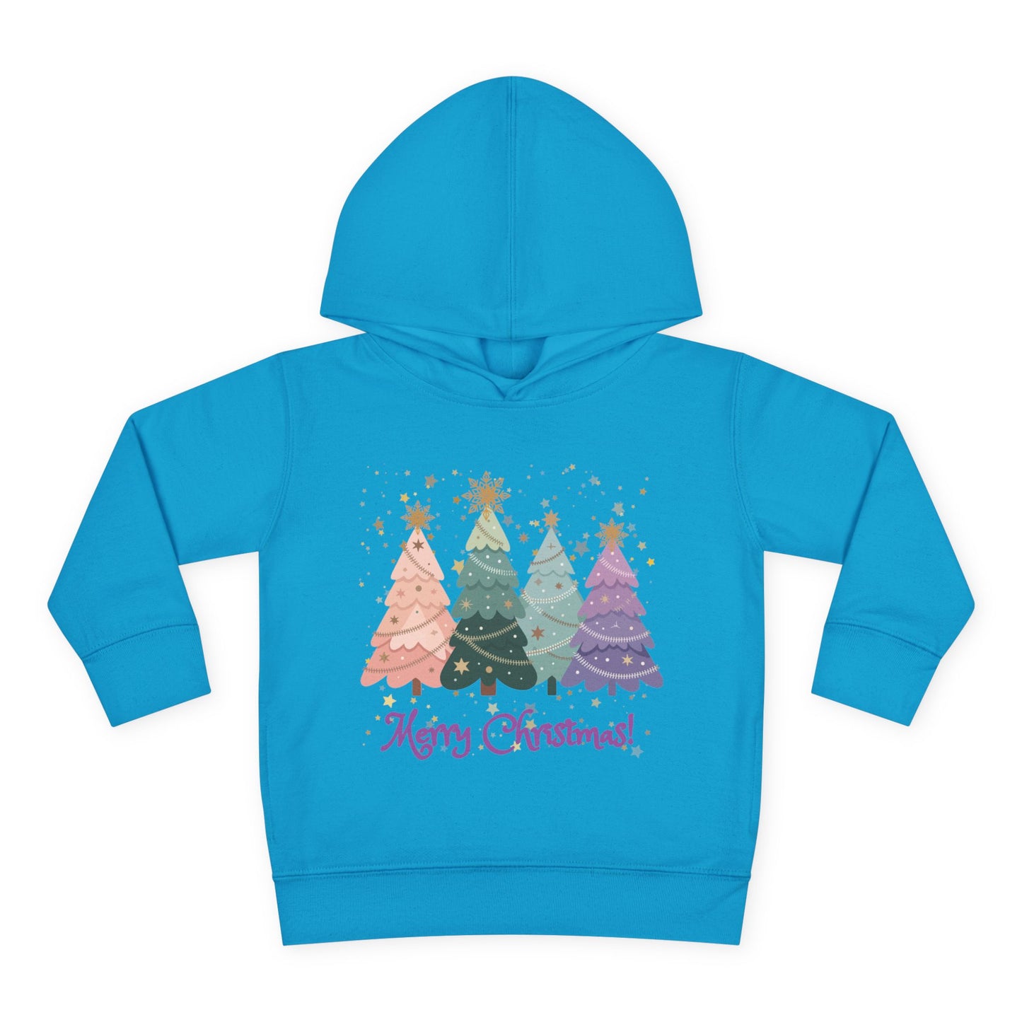 "Merry Xmas" Toddler Hoodie — Pastel Paper-Cut Christmas Trees with Gold Stars