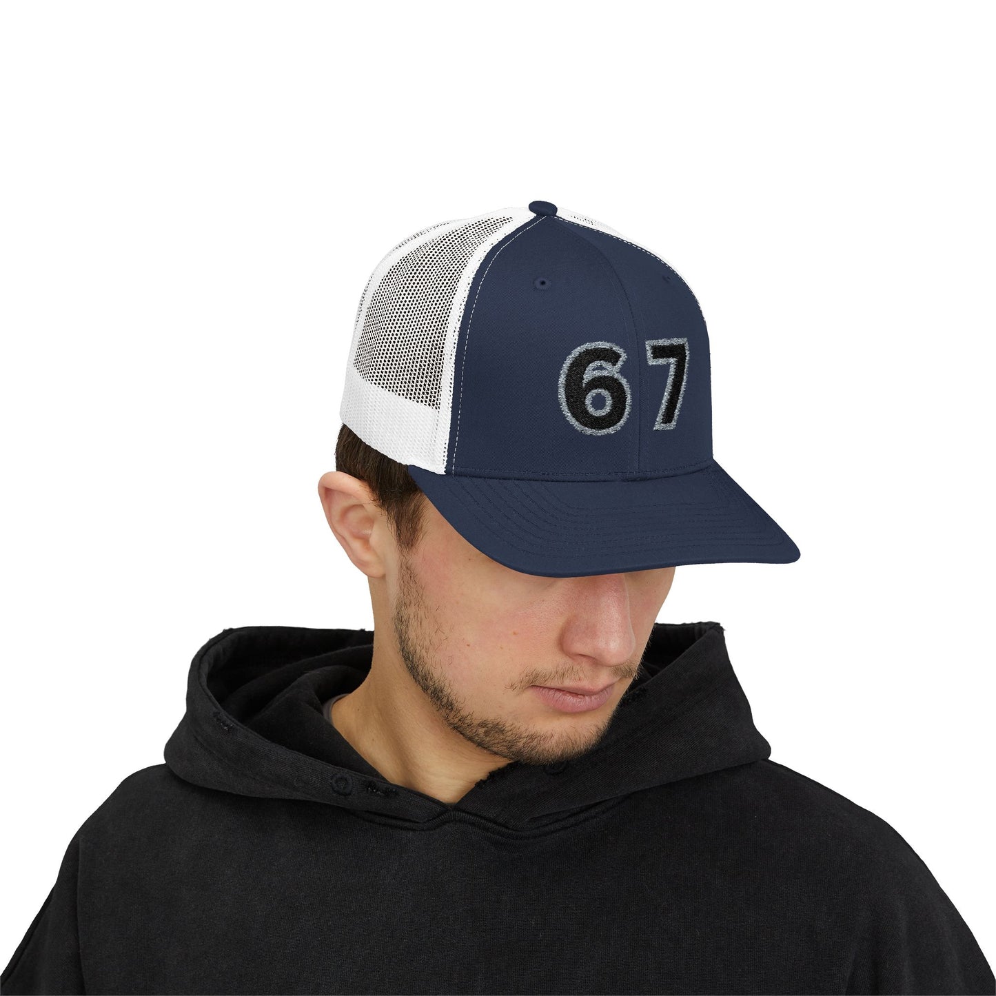 Embroidered '67' Mesh Snapback Trucker Cap — Vintage Number Baseball Hat