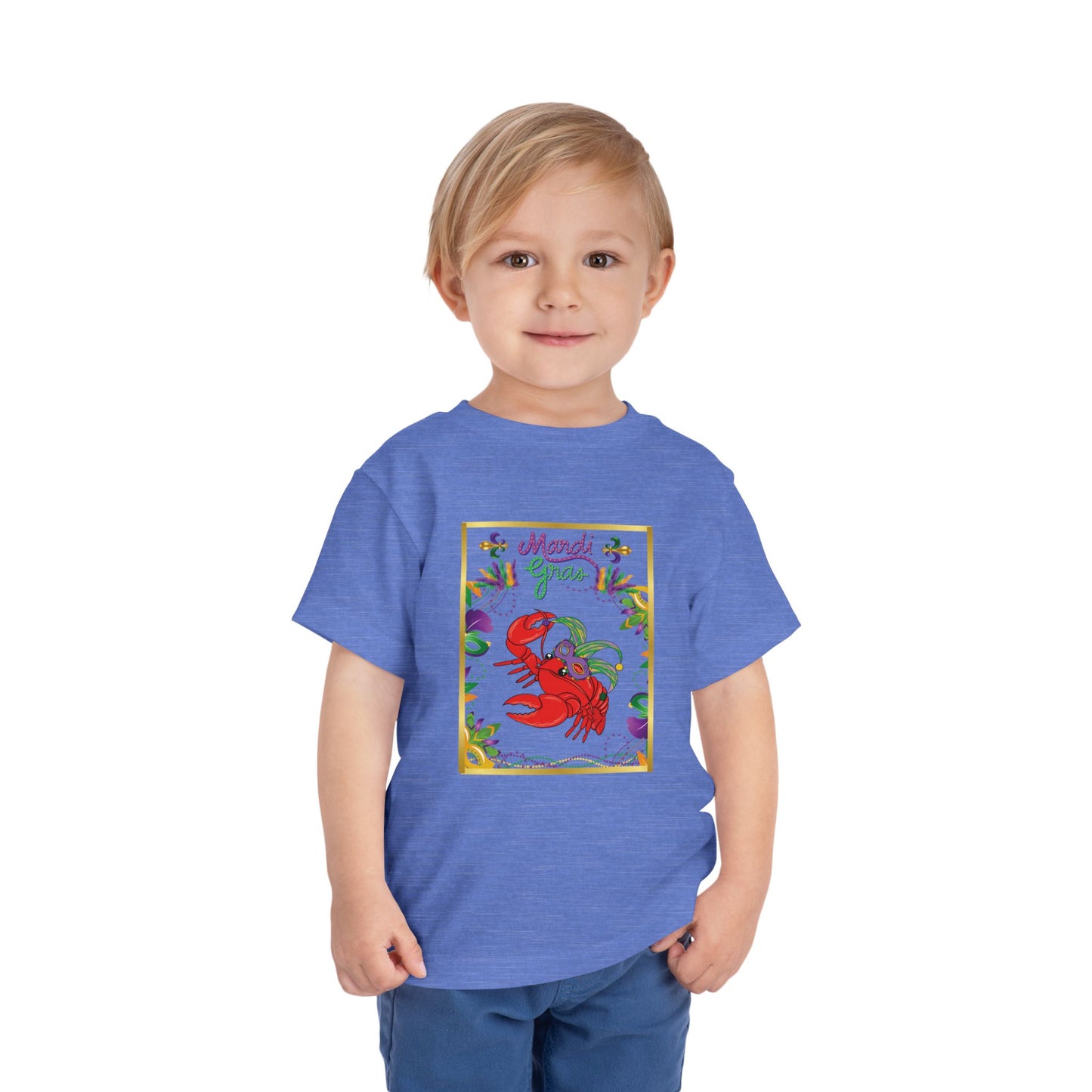 "Mardi Gras Crawfish" Toddler Short Sleeve Tee — Festive Masked Bright Red Crawfish Ready for Carnival!