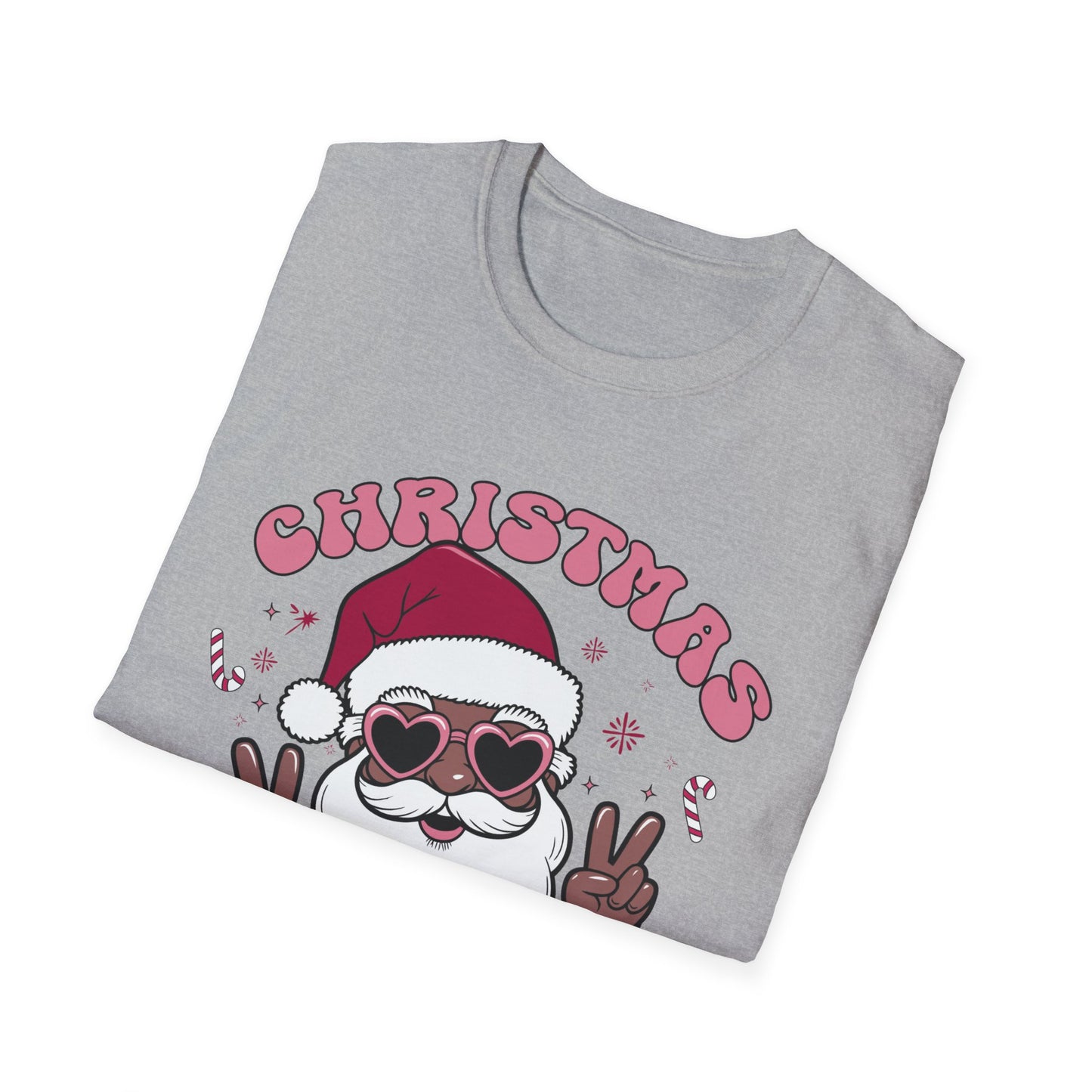 "Christmas Vibes" Unisex T-Shirt — Retro Santa Sporting Cool Sunglasses And A Peace Sign. What a Groovy Holiday Tee!