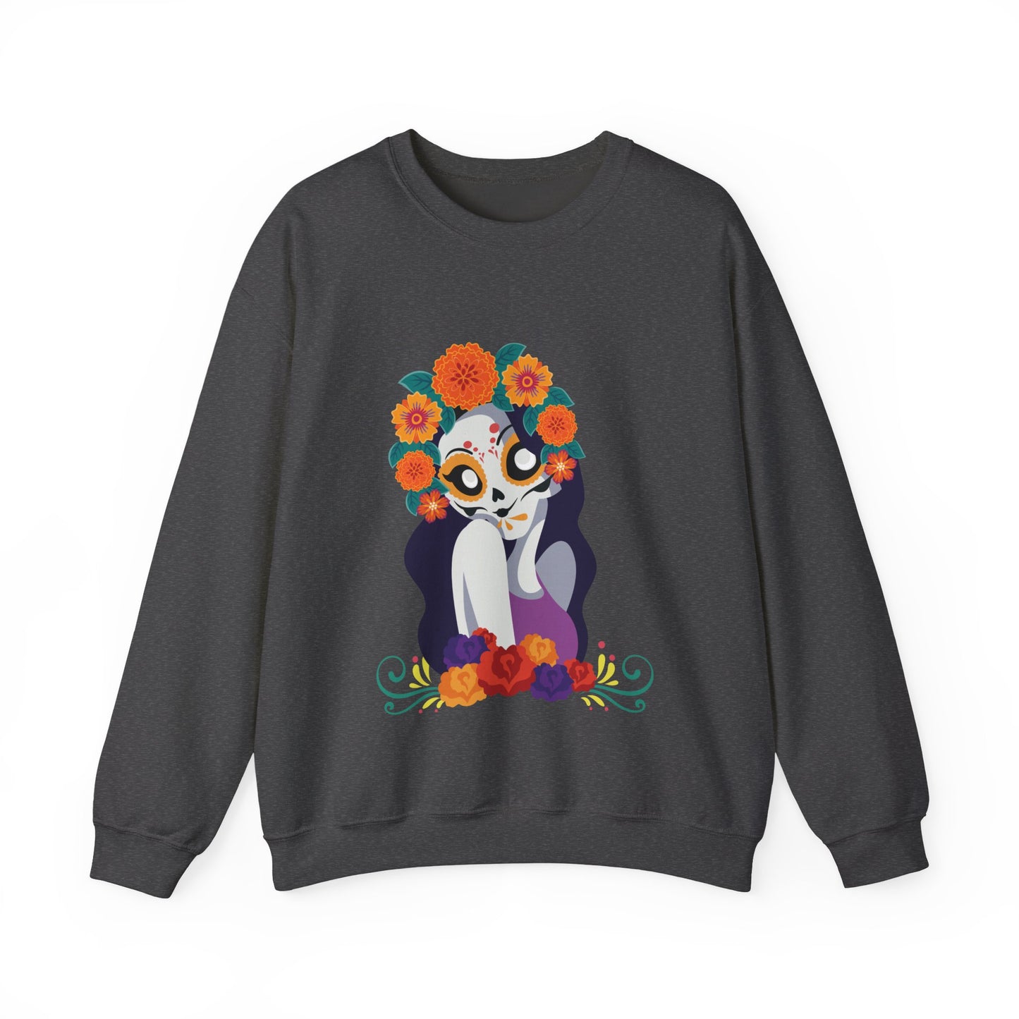 " Katrina Floral Skull"  Unique Crewneck Unisex Sweatshirt. Great for Celebrations like Dia De Los Muertos, Halloween or Any day!