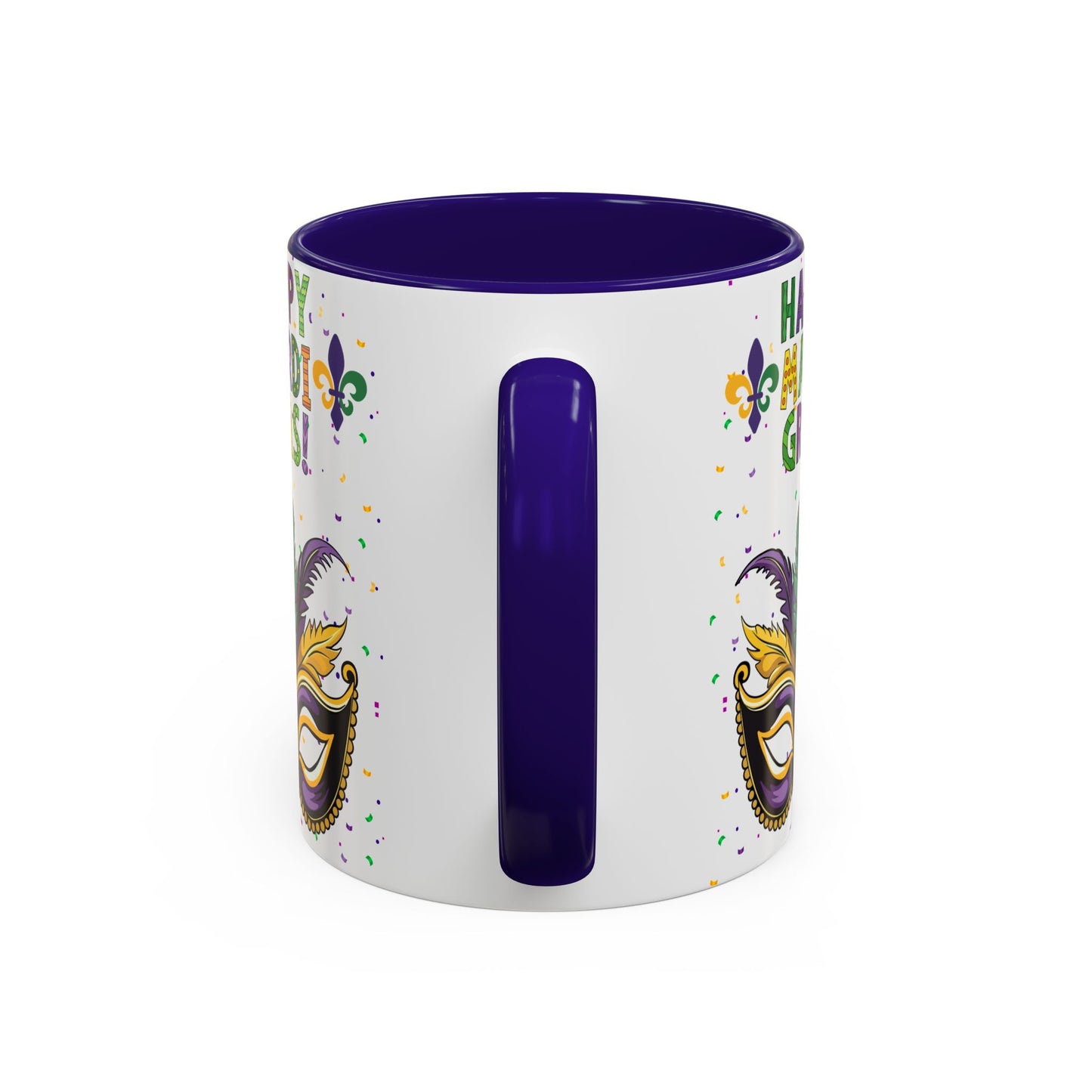 "Happy Mardi Gras" Mugs — Colorful 11oz/15oz Carnival Mask-Fleur De Lis Design White Ceramic Mugs