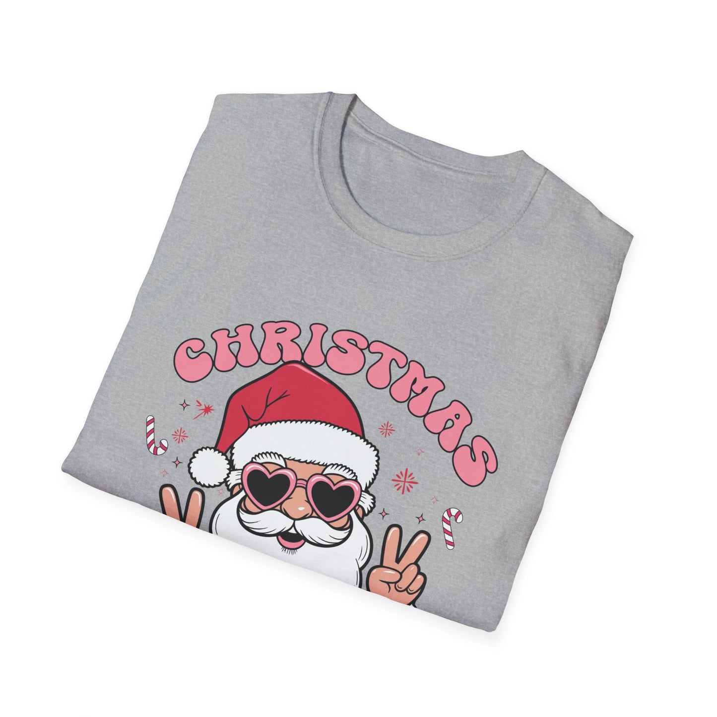 "Christmas Vibes"  Smiling Santa Holiday Unisex T-Shirt.  Cool(Tan)Santa Wearing His Shades And Sharing A "Peace Sign".
