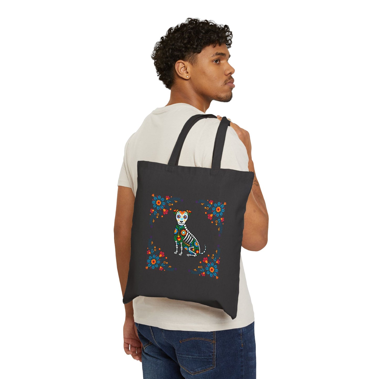 "Sugar Skull Perro Y Gato" , Dia De Los Muertos Canvas Cotton Canvas Tote Bag