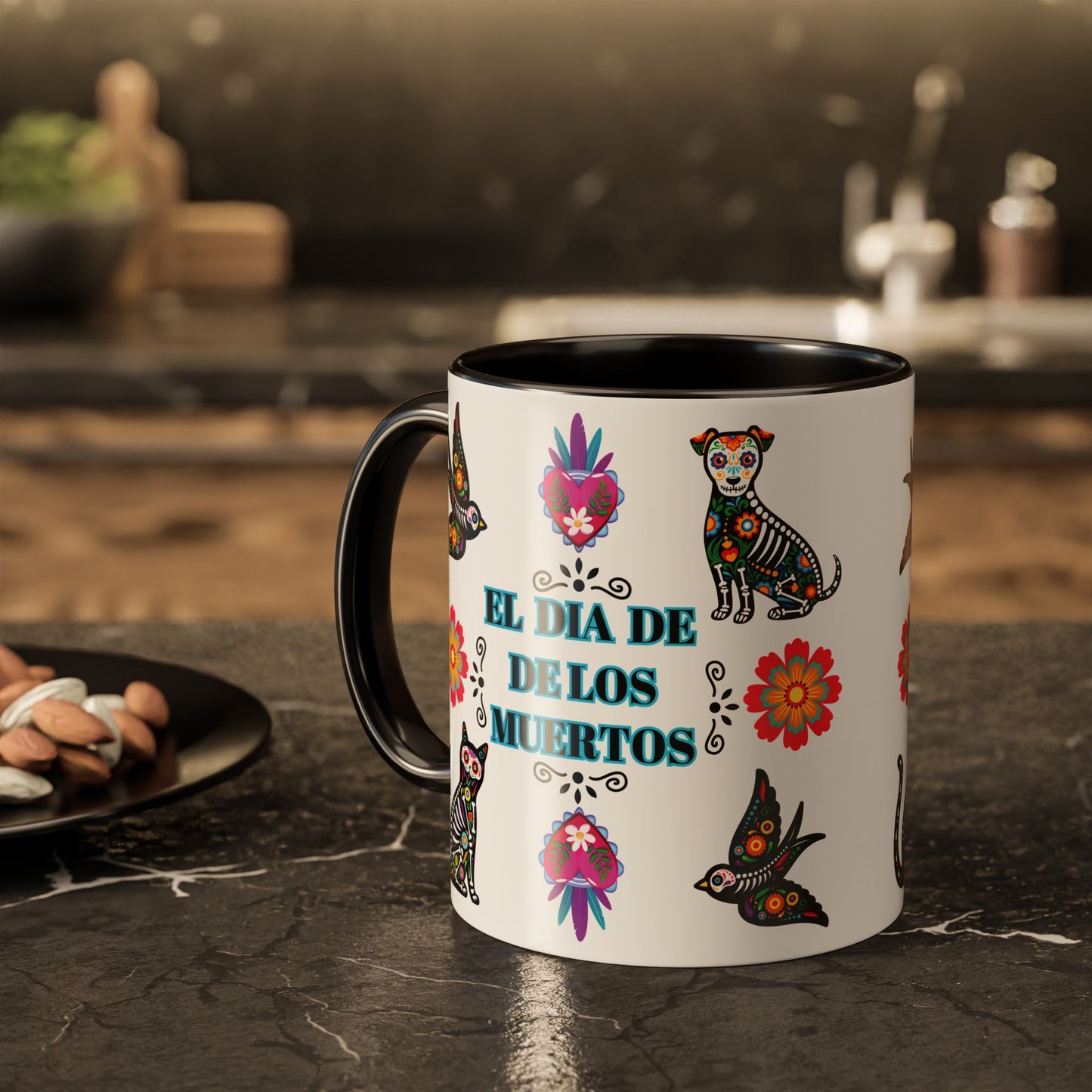 "El Dia De Los Muertos" Colorful White Ceramic Mugs with Colorful Accents Mugs, 11oz and 15oz