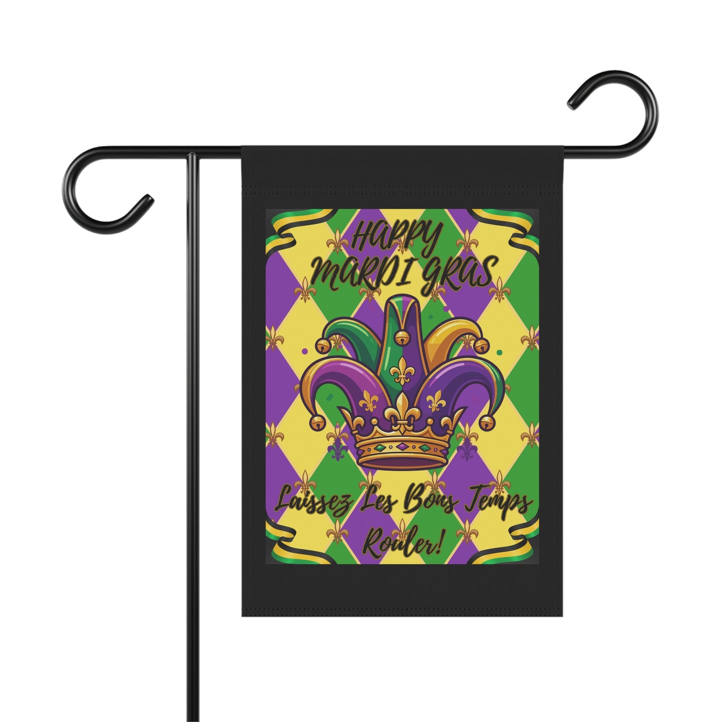 Mardi Gras Jester Crown Garden Flag — "Happy Mardi Gras-Laissez Les Bons Temps Rouler!" House Banner-Black
