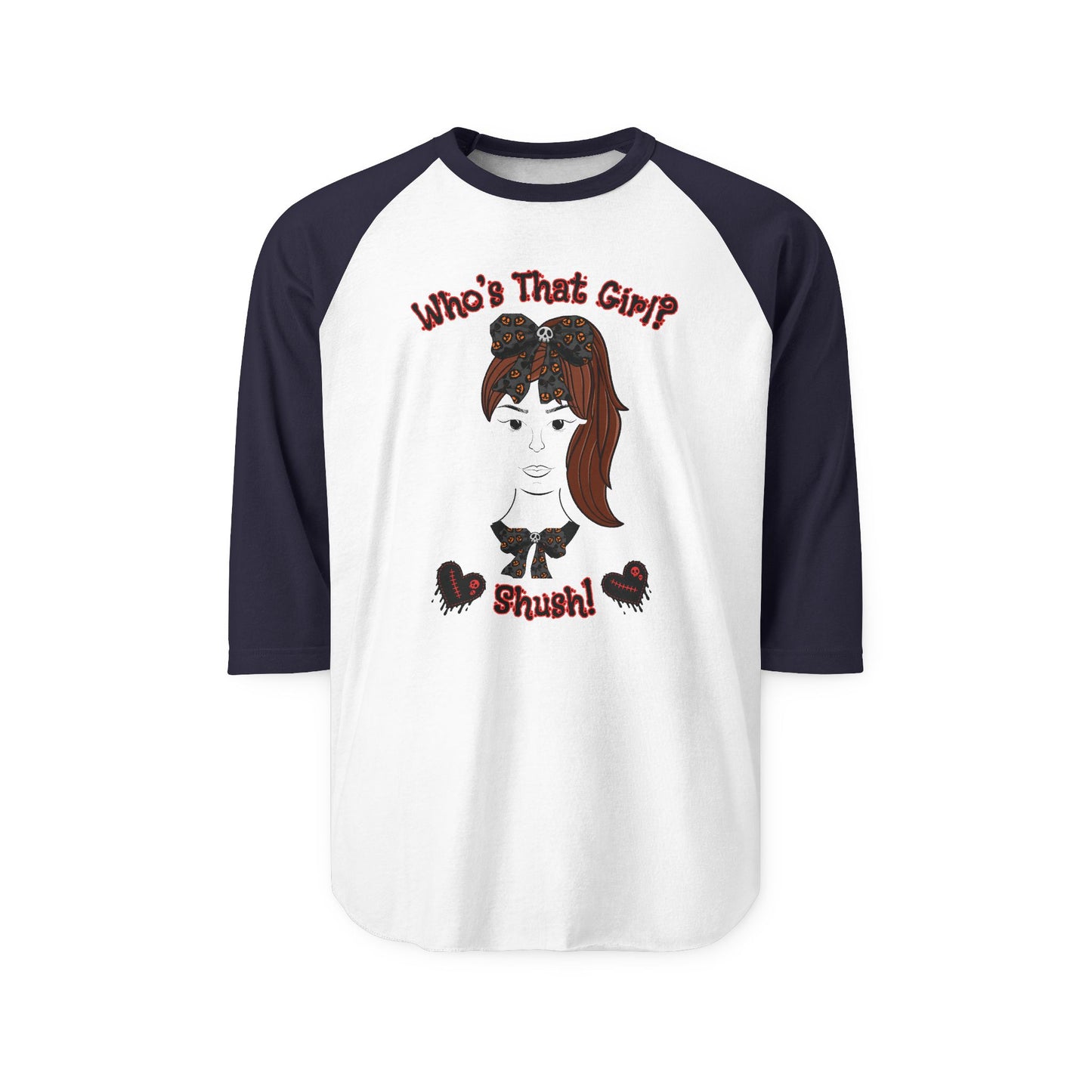 "Who's That Girl?" Unisex Three-Quarter Sleeve Raglan Shirt. A perfect "Goth" Gift!