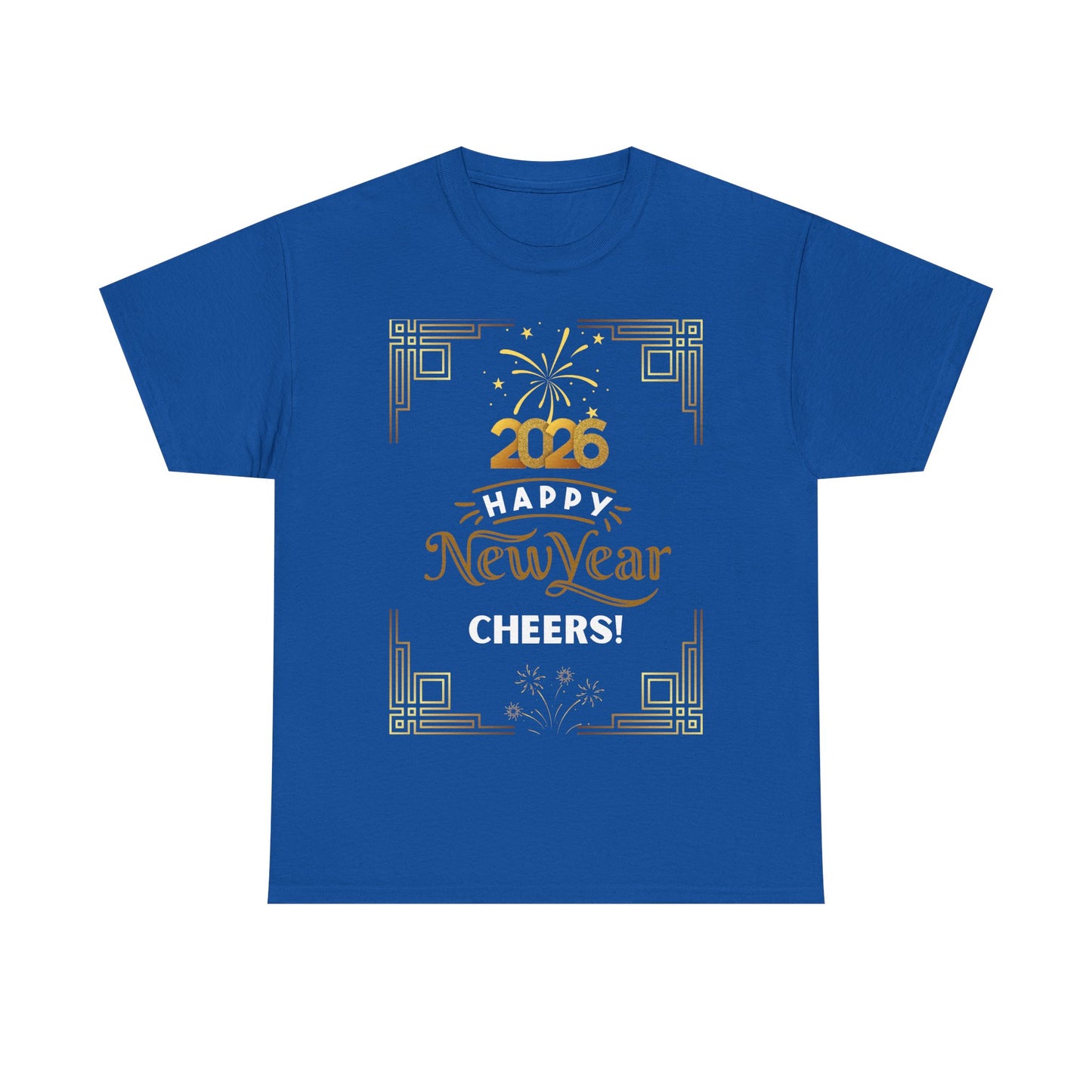 "Happy New Year -Cheers!" 2026  Unisex Midweight T-Shirt- 100 % Cotton — Festive "Art Deco Style" New Years Tee Great for Casual Celebrations or Parties While Ringing In the New Year!