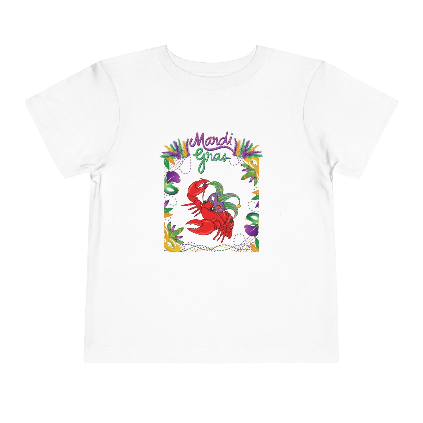 "Mardi Gras Crawfish" Toddler Short Sleeve Tee — Festive Masked Crawfish in Purple, Green & Gold!