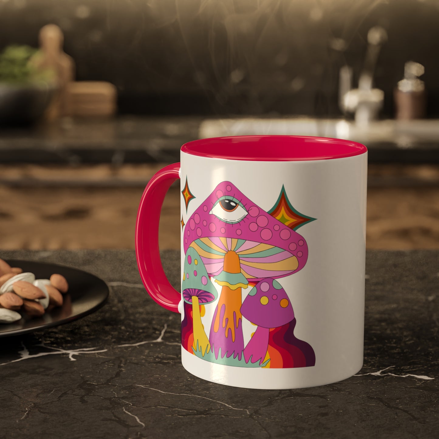 "Groovy Mushrooms" 11 oz White Mug with Colorful Accents
