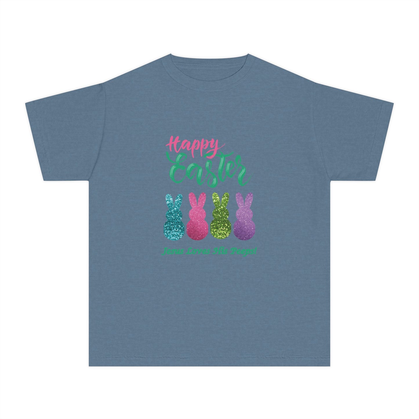 Easter Bunny Youth Tee — "Happy Easter" Christian Kids/Youth Shirt (Jesus Loves His Peeps)