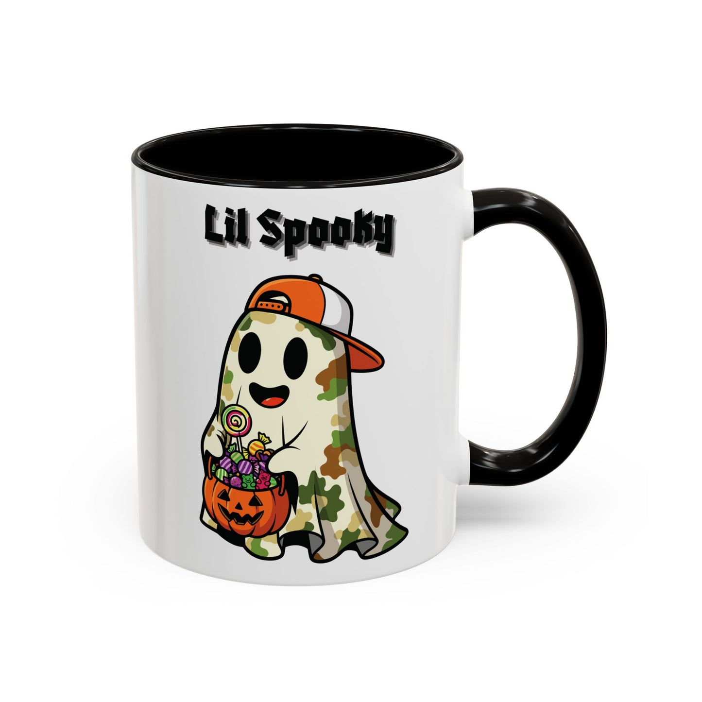 "Lil Spooky"  White Ceramic Halloween Mug With Colorful Accents — Cute Ghost Trick-or-Treat Ceramic Mug (11oz/15oz)