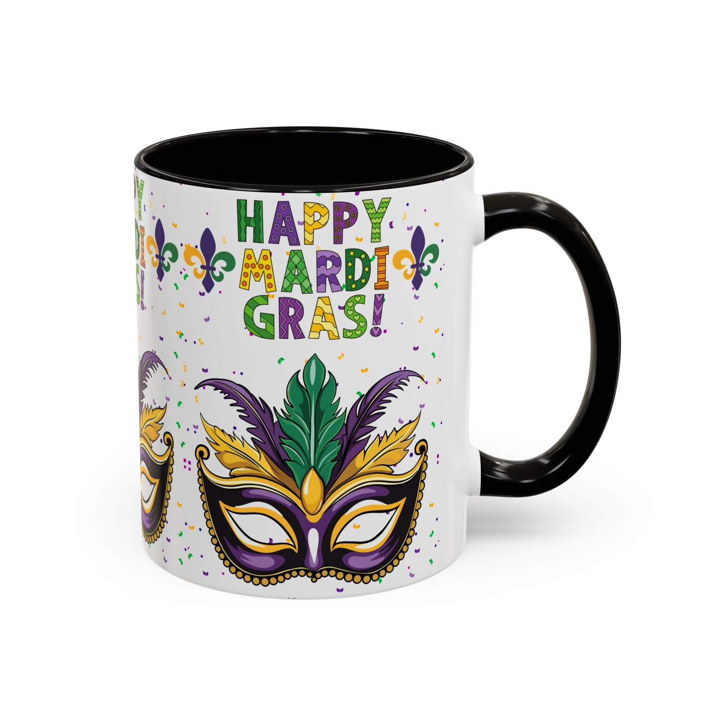"Happy Mardi Gras" Mugs — Colorful 11oz/15oz Carnival Mask-Fleur De Lis Design White Ceramic Mugs