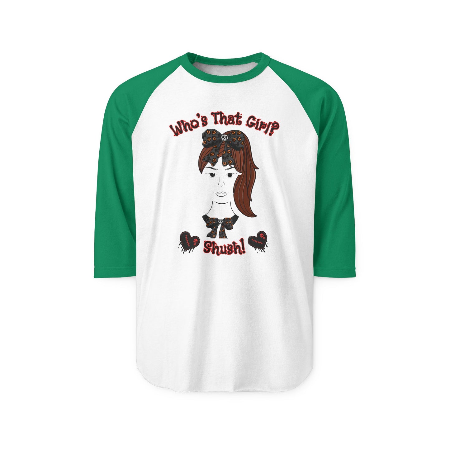 "Who's That Girl?" Unisex Three-Quarter Sleeve Raglan Shirt. A perfect "Goth" Gift!