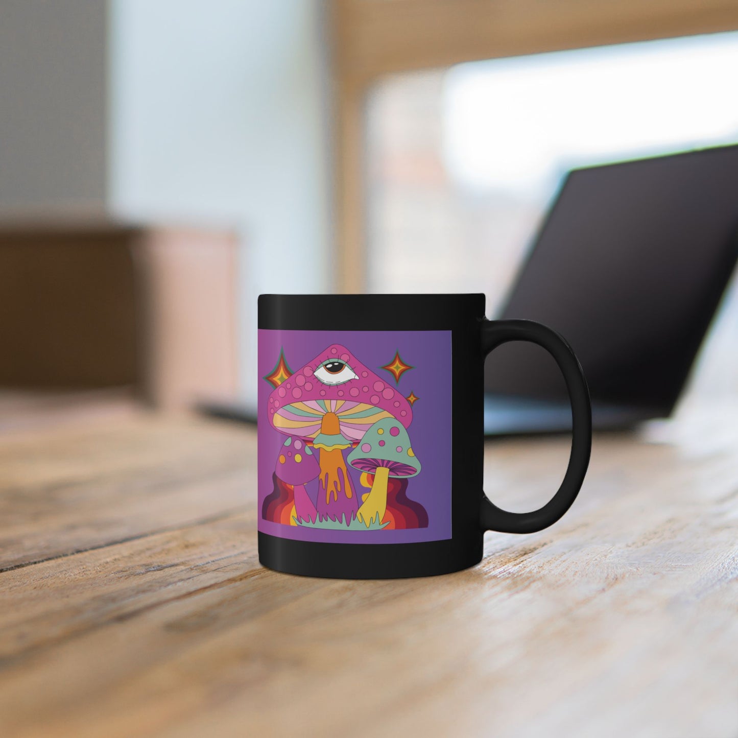 "Groovy Ombre Mushroom" Mug,  Black Ceramic Coffee Mugs In 15oz & 11oz