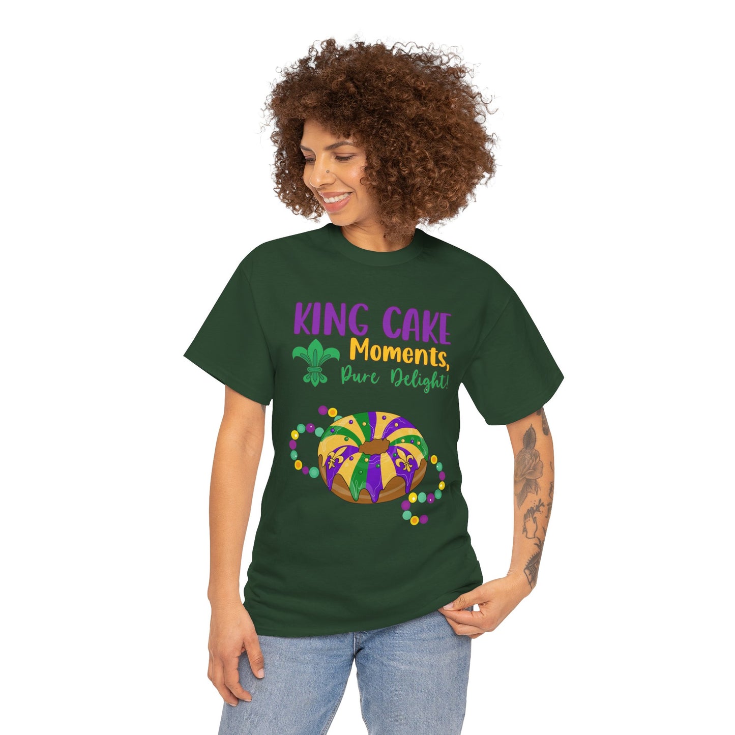 "King Cake Moments" Unisex Heavy Cotton  Adult Tee.   Wear This Tee To Tell Everyone "A Mardi Gras King Cake Moment Is A Pure Delight!"