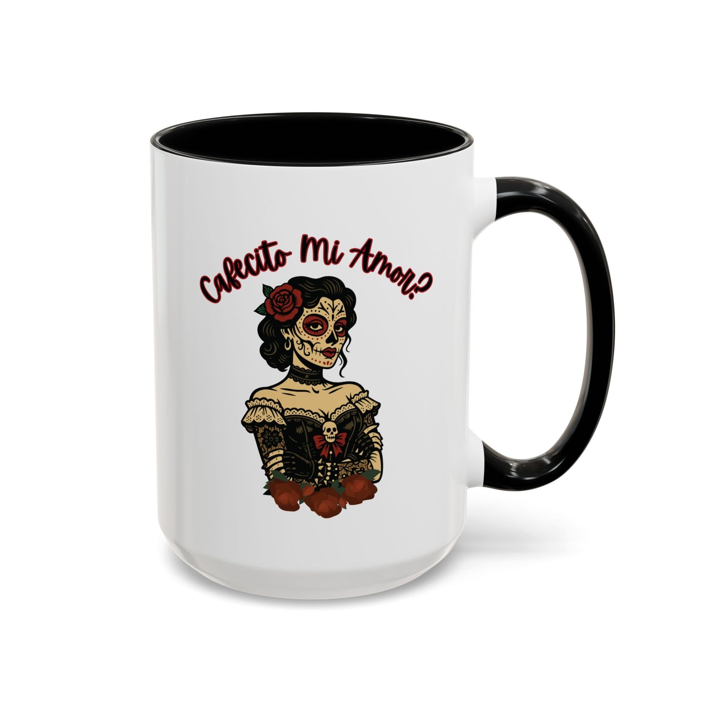 "Cafecito Mi Amor?" Sugar Skull Style , Colorful Accent, 11oz and 15oz Coffee Mug.  A great Day of the Dead  or Halloween Gift!