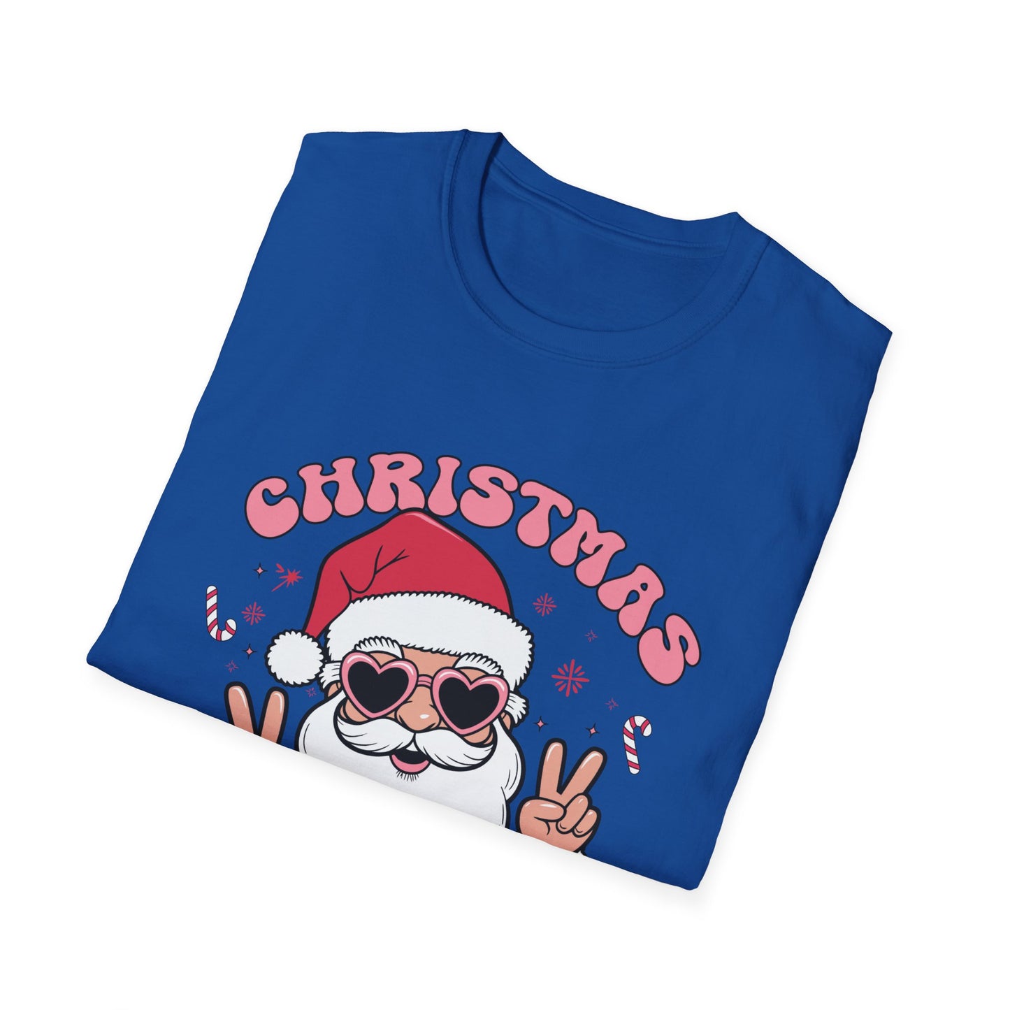 "Christmas Vibes"  Smiling Santa Holiday Unisex T-Shirt.  Cool(Tan)Santa Wearing His Shades And Sharing A "Peace Sign".