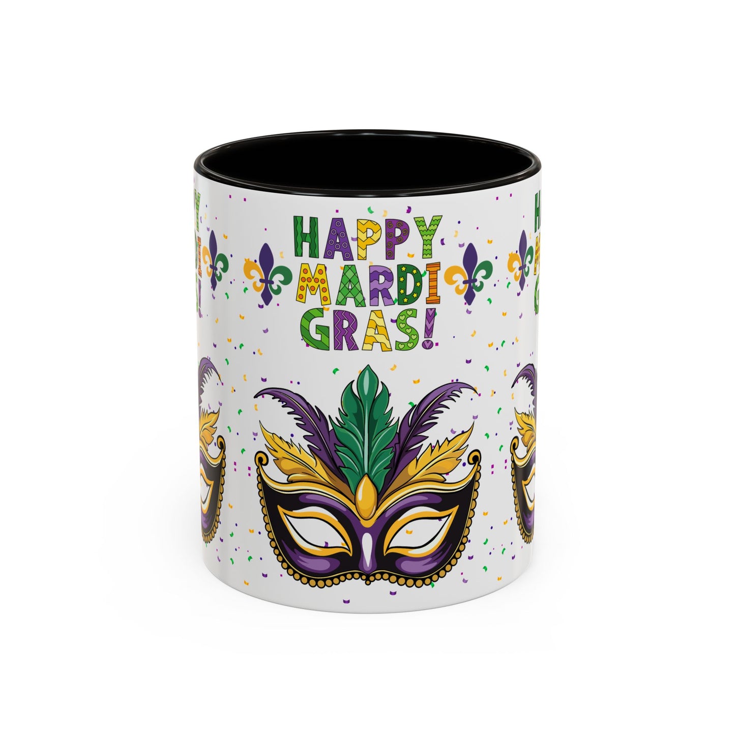 "Happy Mardi Gras Mask" White Ceramic 11oz Mugs With Colorful Accents.  Enjoy The Carnival Season Every time You Use This Mug.