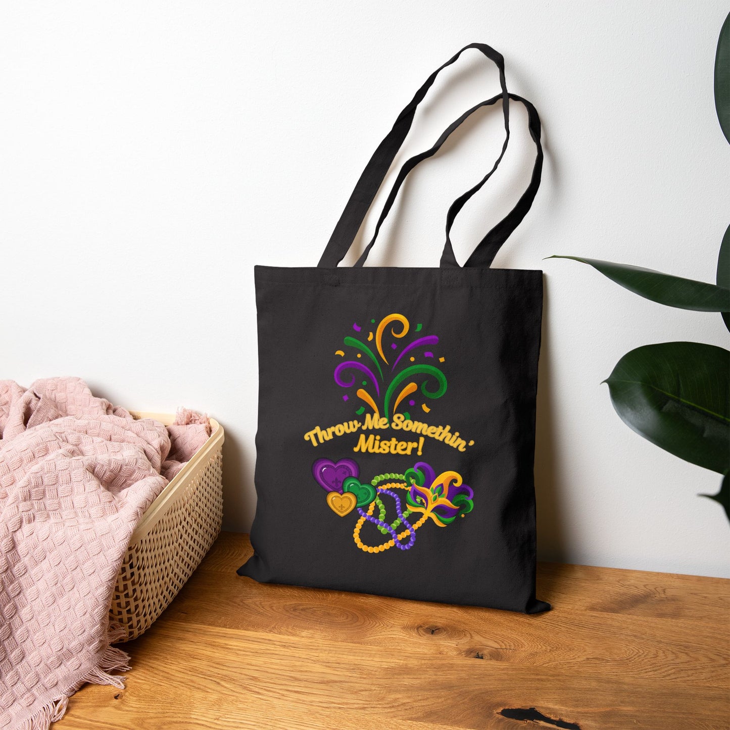 "Throw Me Somethin' Mister" Cotton Canvas Mardi Gras  Tote Bag in Black.  A Festive Tote Festive For The Carnival Goodies!