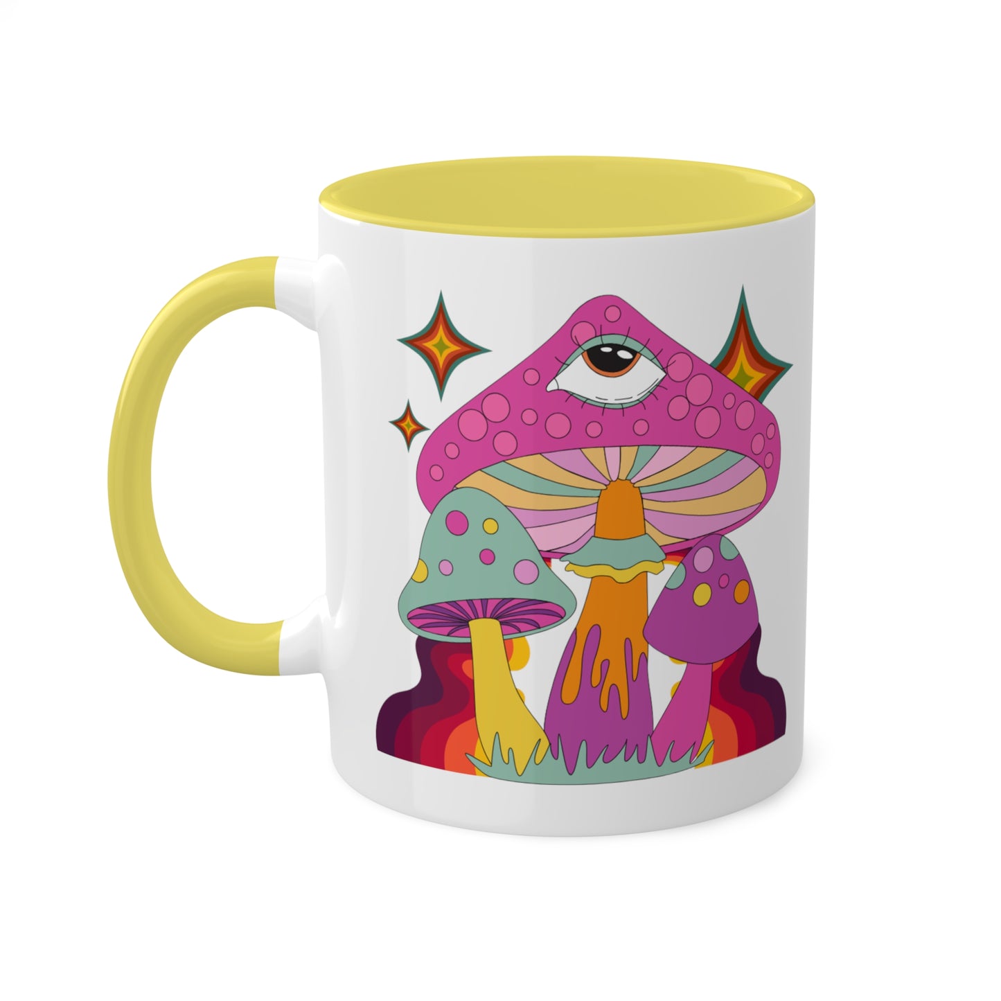 "Groovy Mushrooms" 11 oz White Mug with Colorful Accents