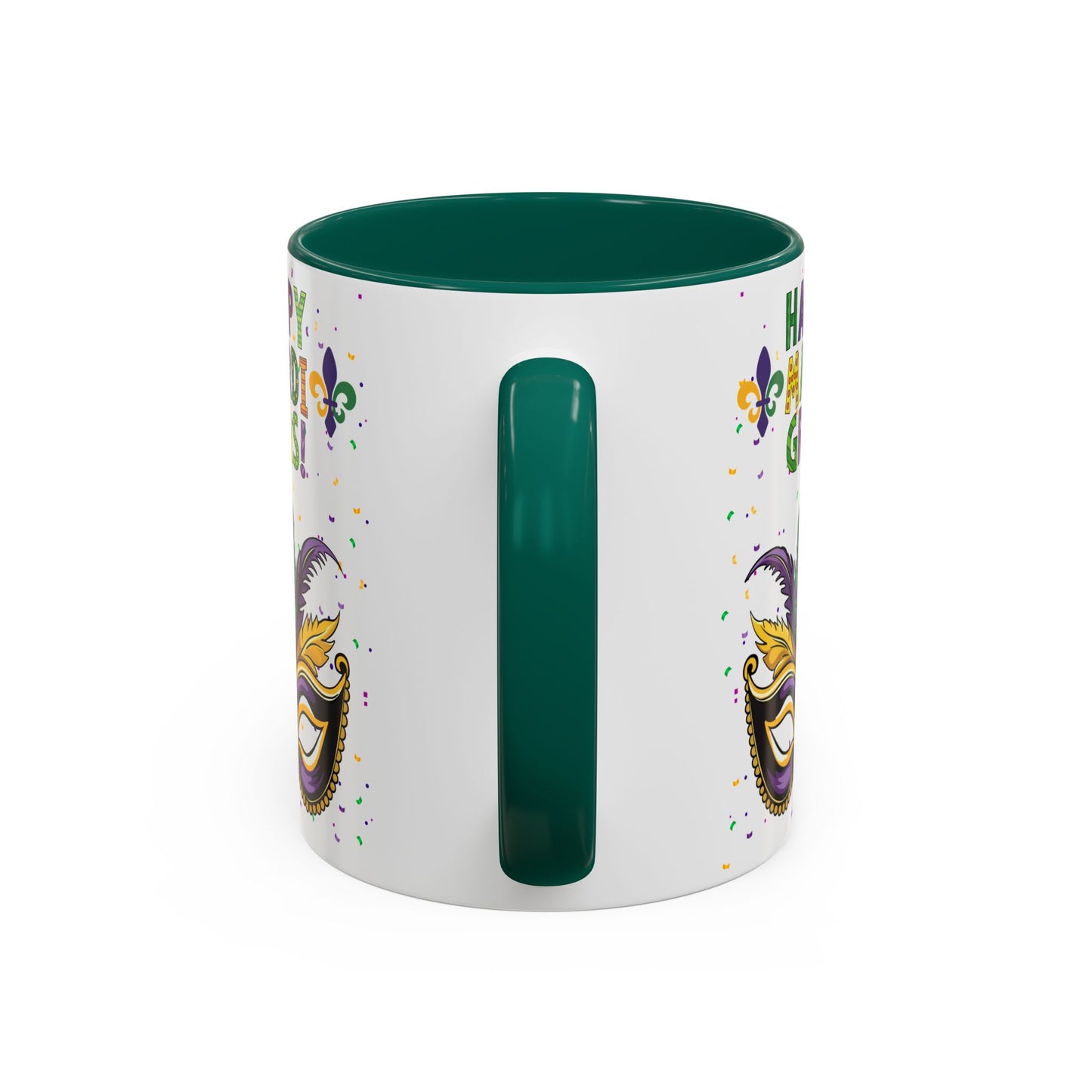 "Happy Mardi Gras Mask" White Ceramic 11oz Mugs With Colorful Accents.  Enjoy The Carnival Season Every time You Use This Mug.