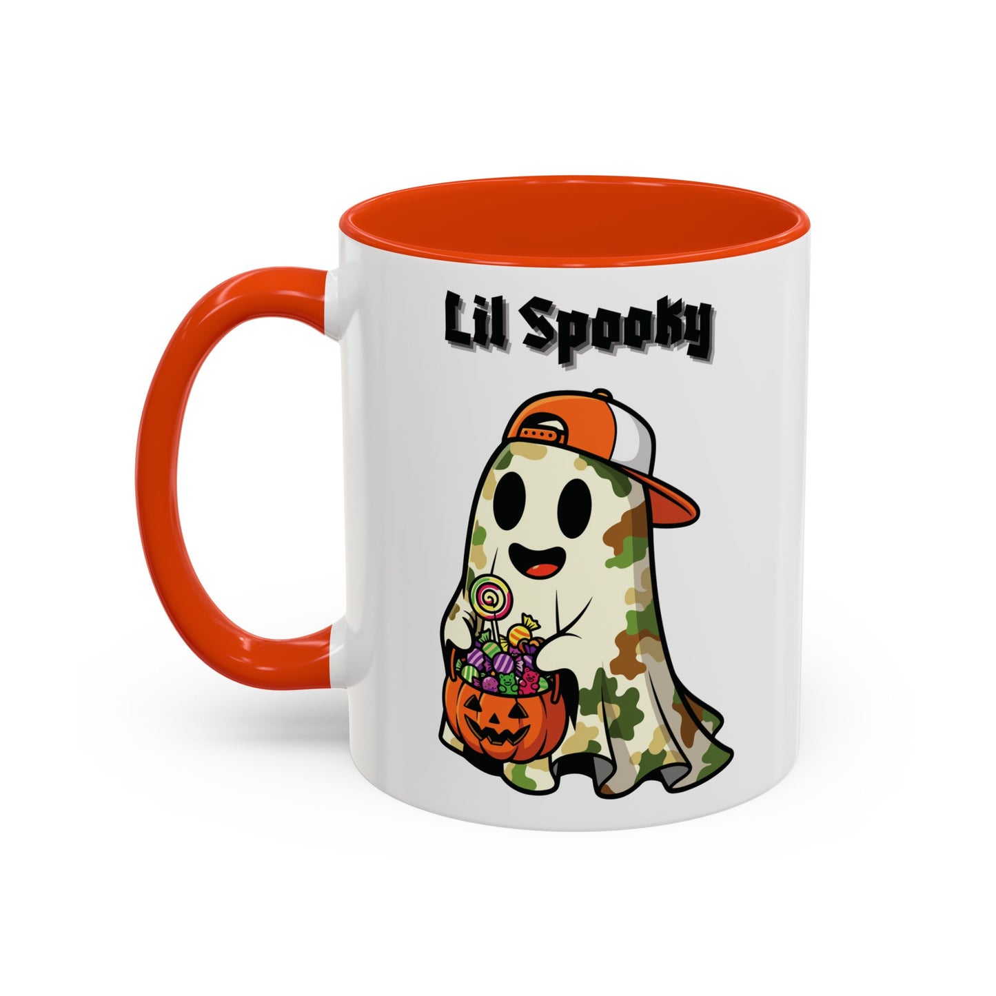 "Lil Spooky"  White Ceramic Halloween Mug With Colorful Accents — Cute Ghost Trick-or-Treat Ceramic Mug (11oz/15oz)