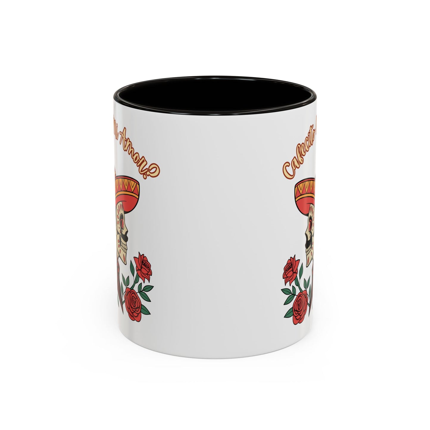 "Cafecito Mi Amor?" -El Hombre, Sugar Skull Style, White Ceramic Mugs with Colorful Accents (11oz/15oz)