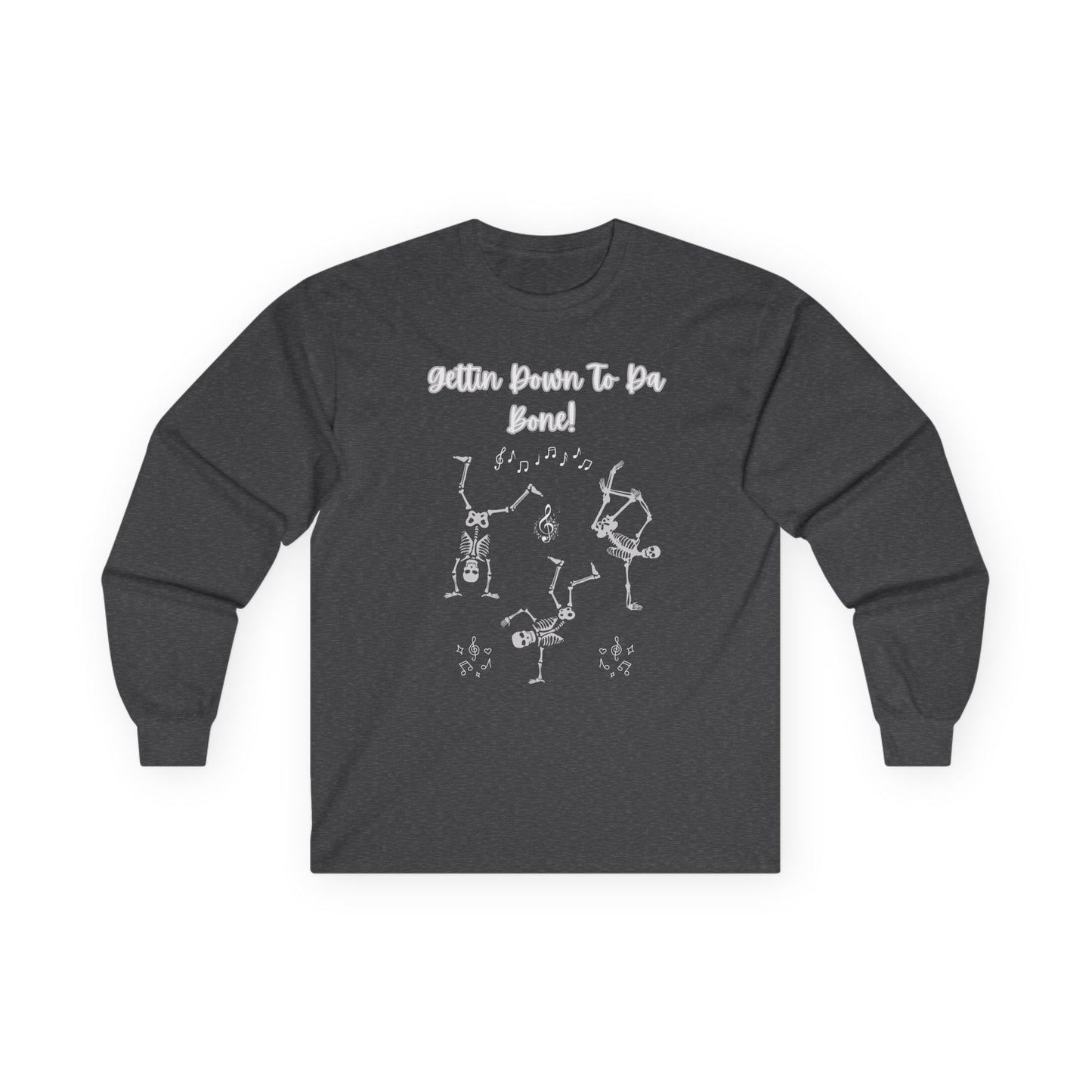 "Gettin' Down To Da Bone" Halloween Skeleton Dance, Unisex Long Sleeve Tee in Dark Colors