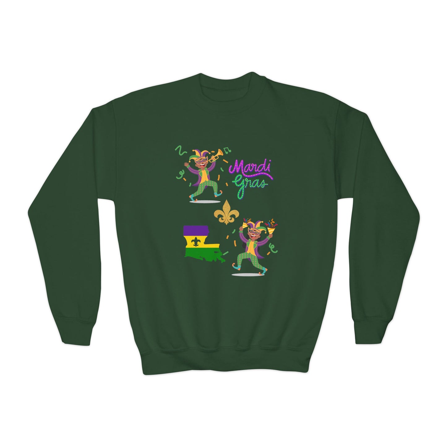 "Mardi Gras Kids" Youth Crewneck Sweatshirt — Colorful Beads, Jester Costumes & The State Of Louisiana all in Classic Mardi Gras Colors - Ready For The Parades!
