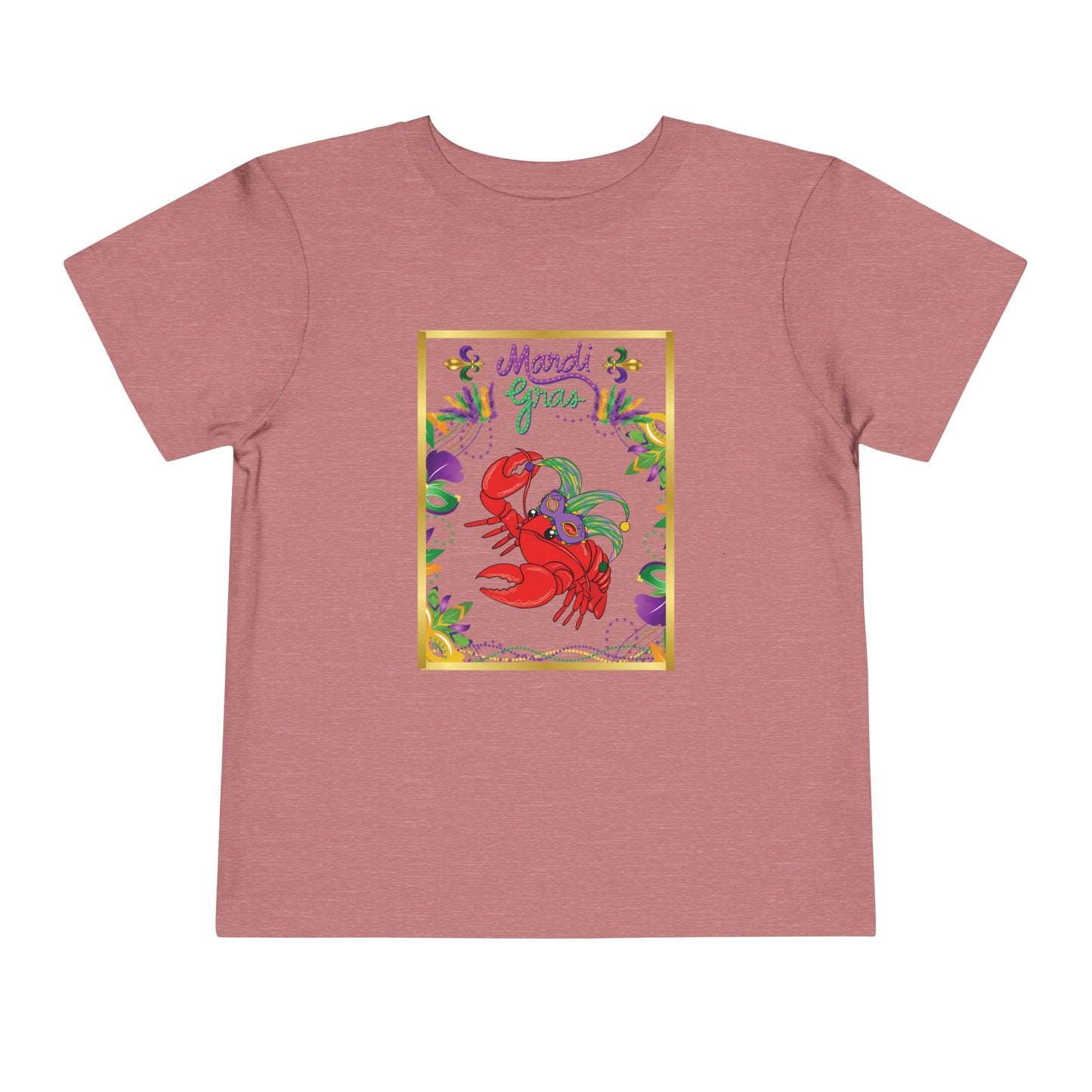 "Mardi Gras Crawfish" Toddler Short Sleeve Tee — Festive Masked Bright Red Crawfish Ready for Carnival!