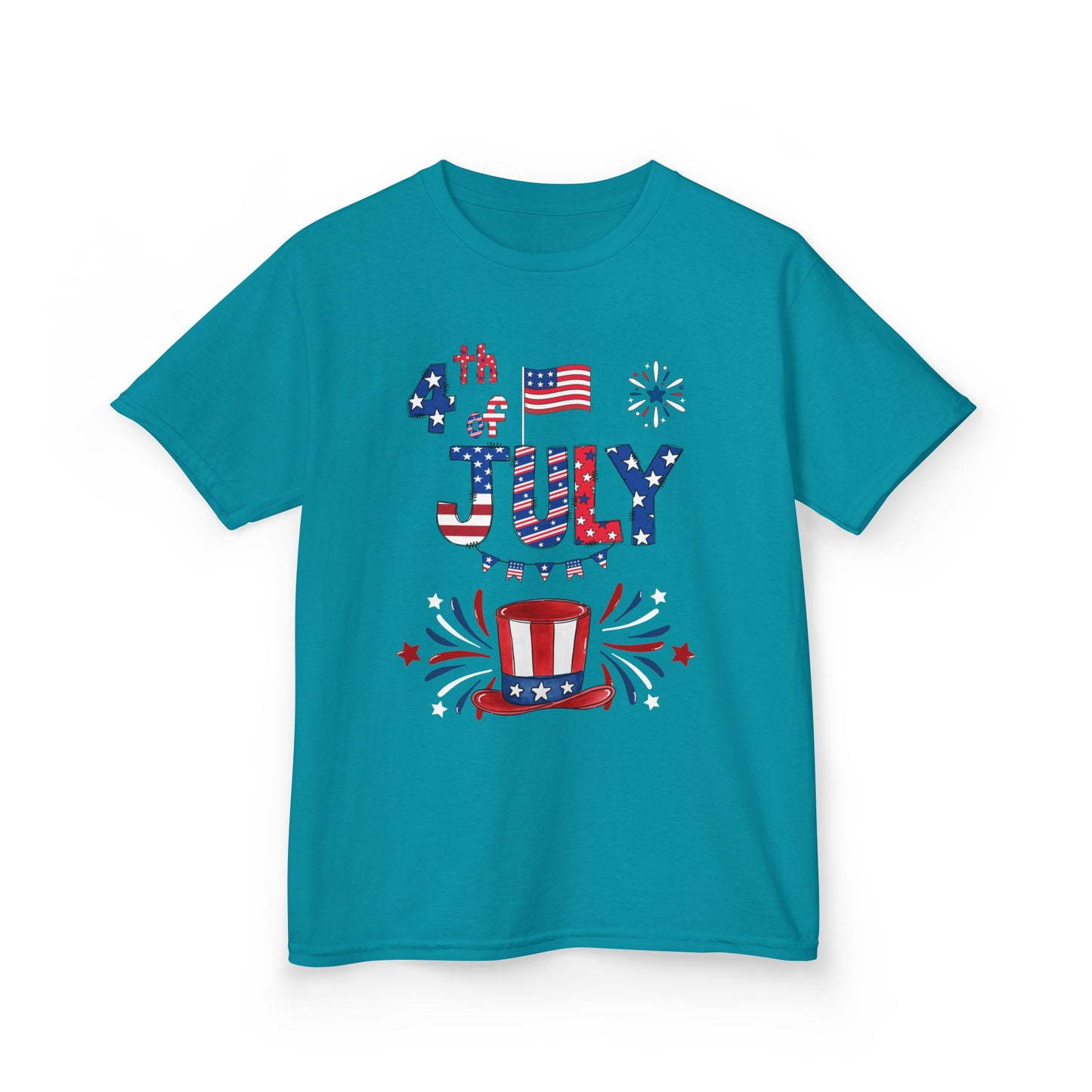 Kids "4th of July" Patriotic Boxy Tee — Celebrate This Special Day With Fireworks & A Vibrant Uncle Sam Hat!