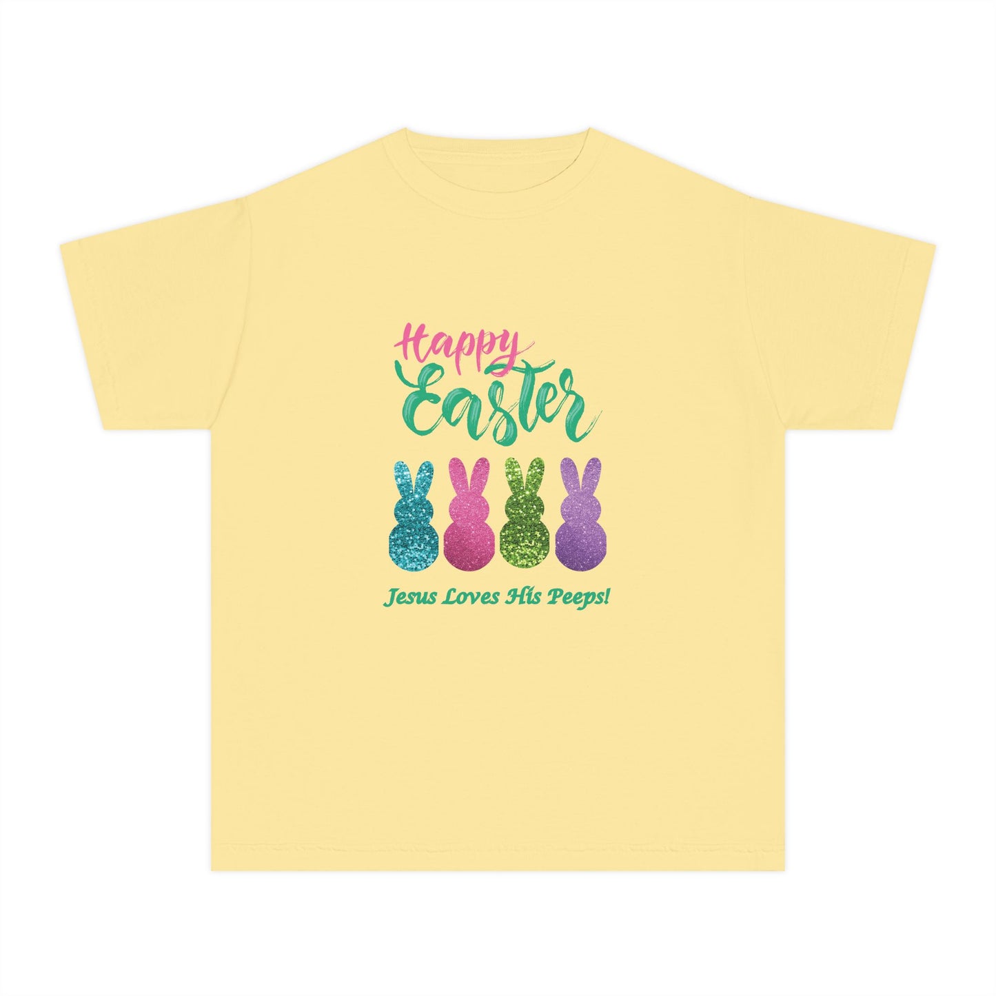 Easter Bunny Youth Tee — "Happy Easter" Christian Kids/Youth Shirt (Jesus Loves His Peeps)