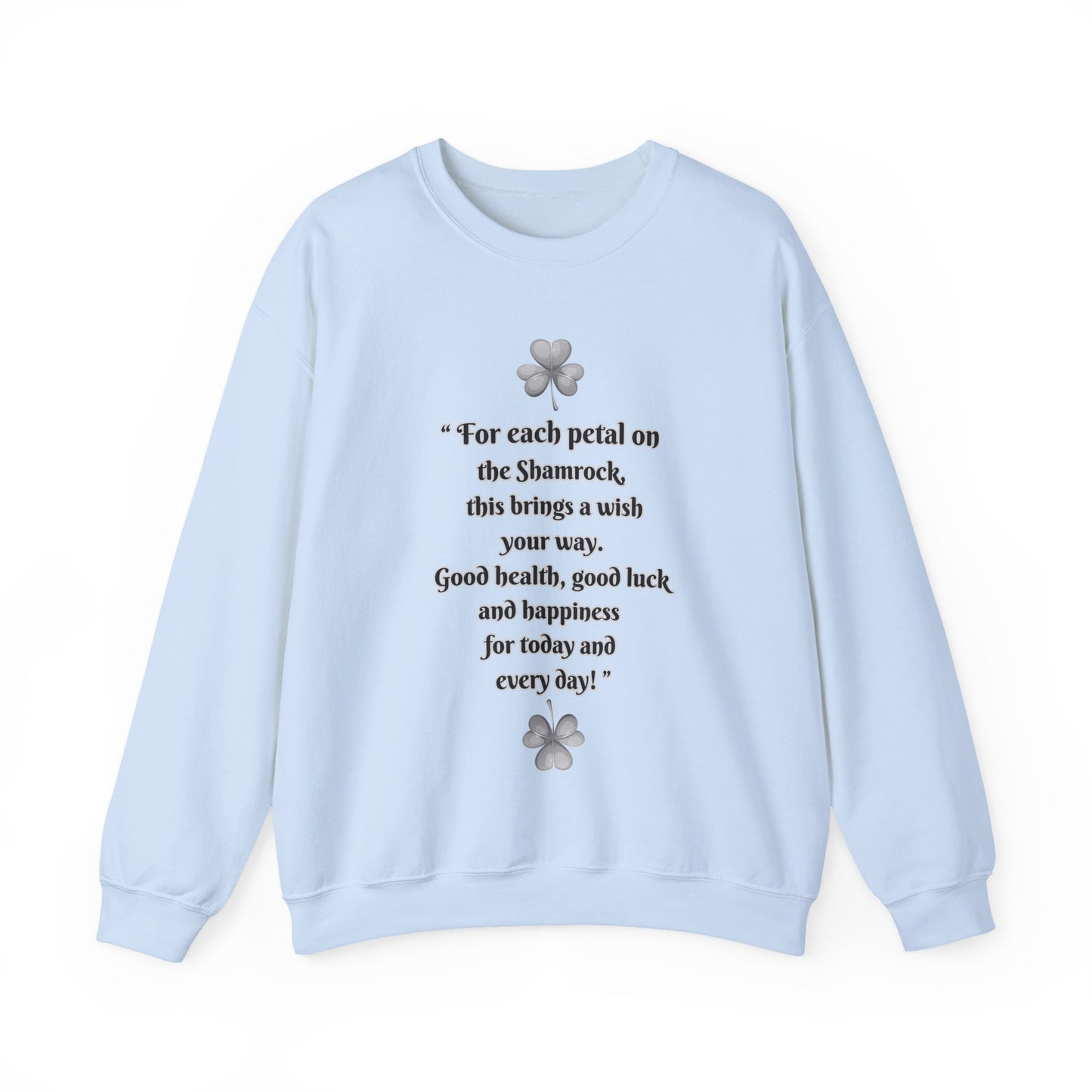 "Irish Blessing(Front)-Shamrock Wiseman(Back)", Unisex Crewneck Sweatshirt— Irish Luck Quote & Rustic Irish Wiseman Surrounded By Clover