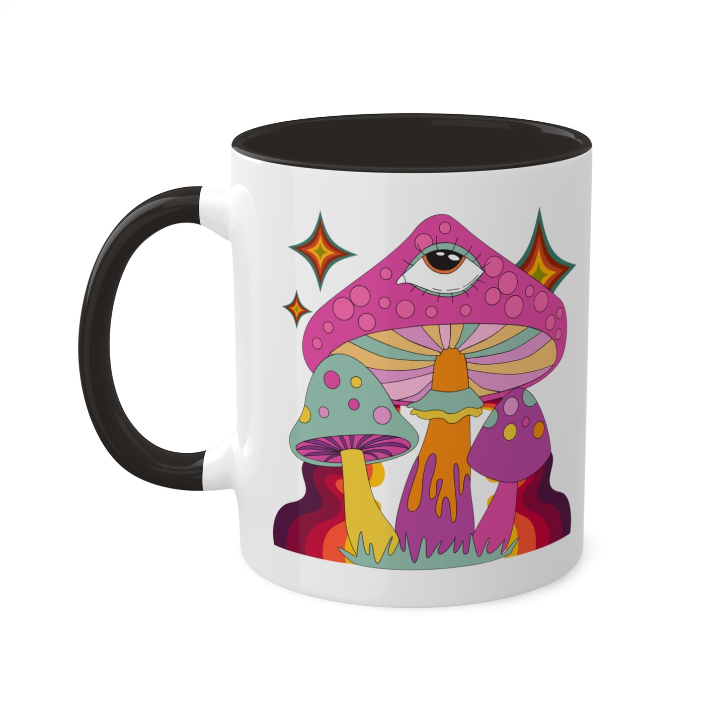 "Groovy Mushrooms" 11 oz White Mug with Colorful Accents