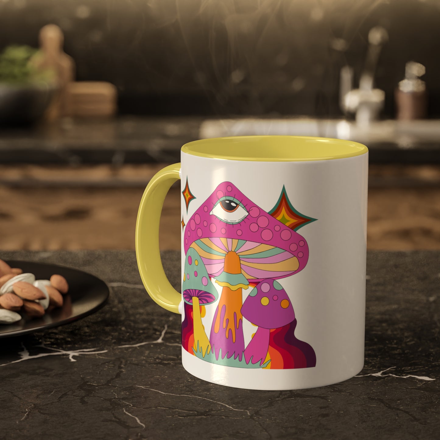 "Groovy Mushrooms" 11 oz White Mug with Colorful Accents